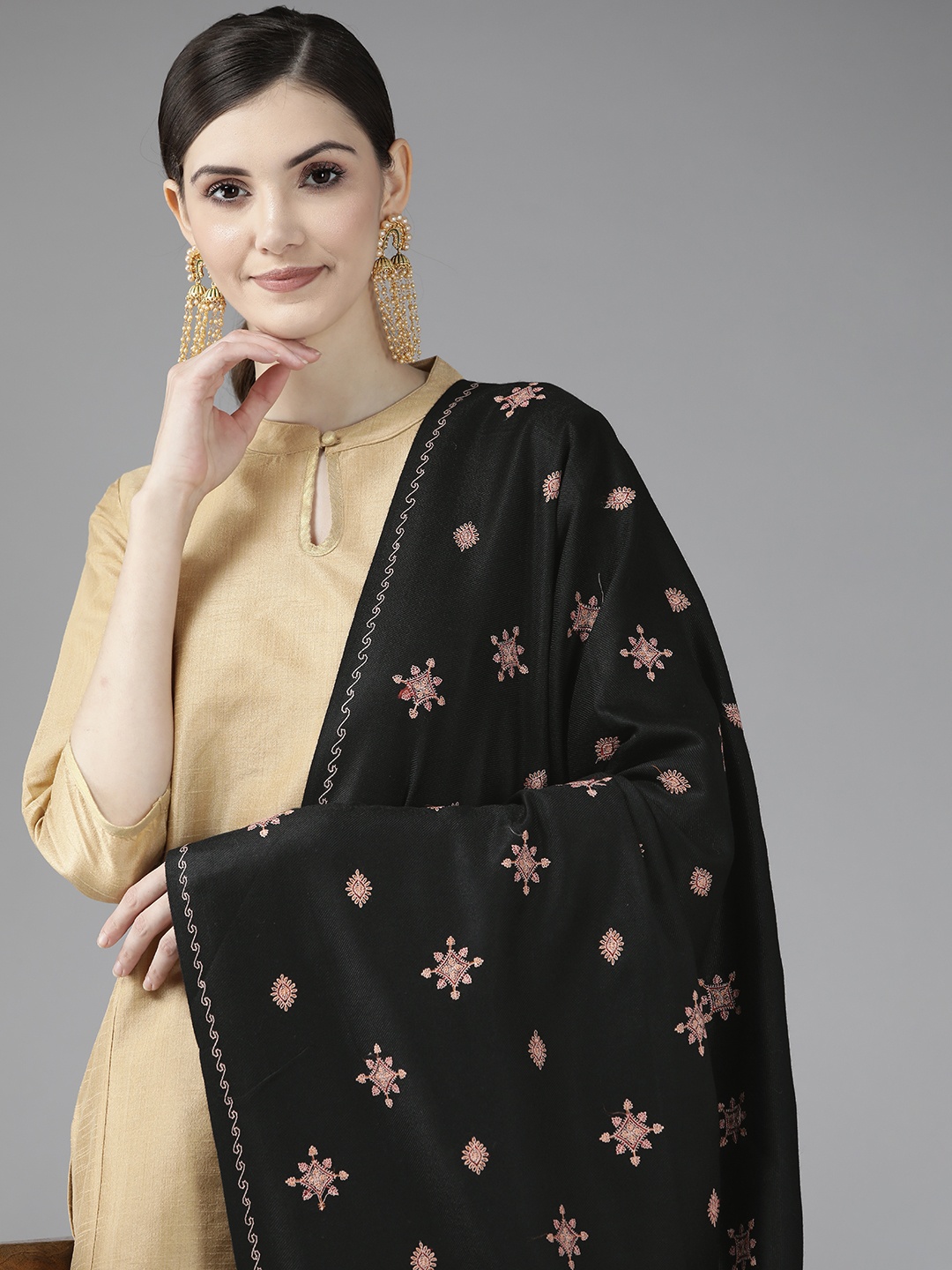 

Cayman Women Black Embroidered Woven Design Shawl