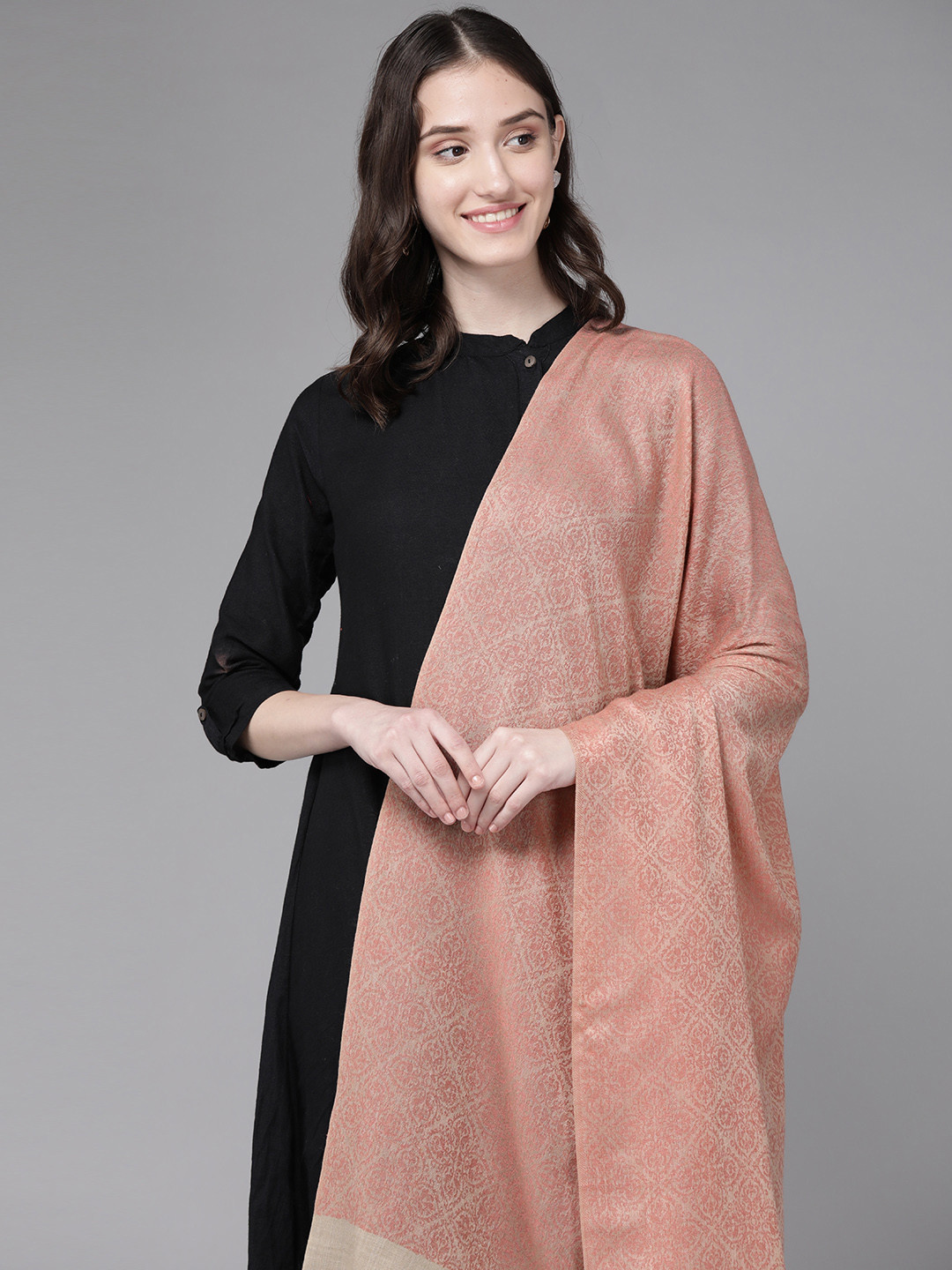 

Cayman Women Pink & Beige Ethnic Motif Woollen Shawl