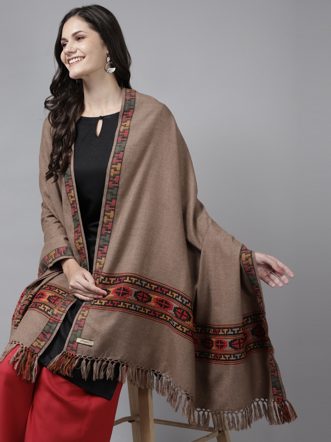

Cayman Women Brown Woollen Woven Design Shawl
