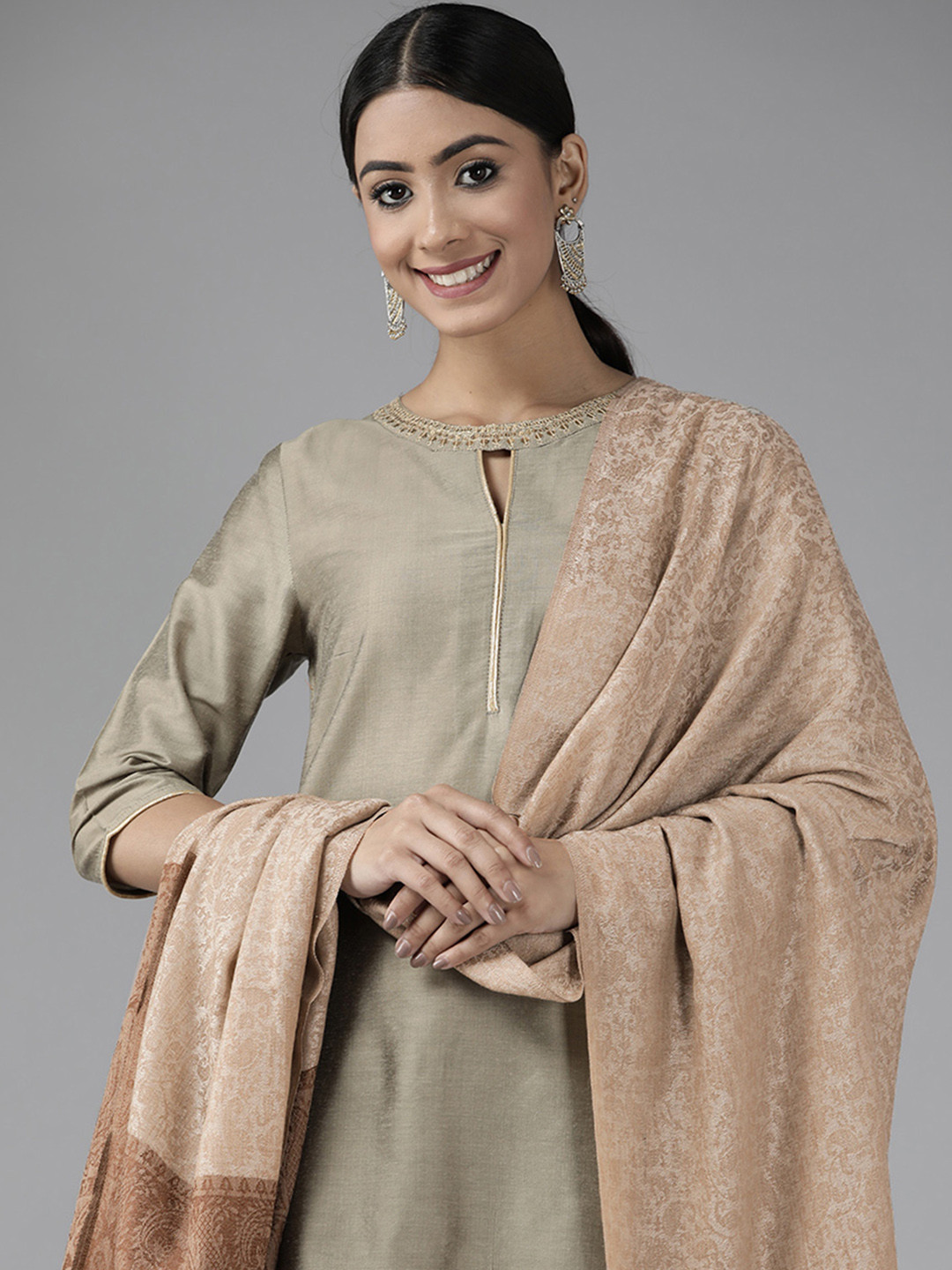 

Cayman Women Beige & Brown Ethnic Motif Woollen Shawl