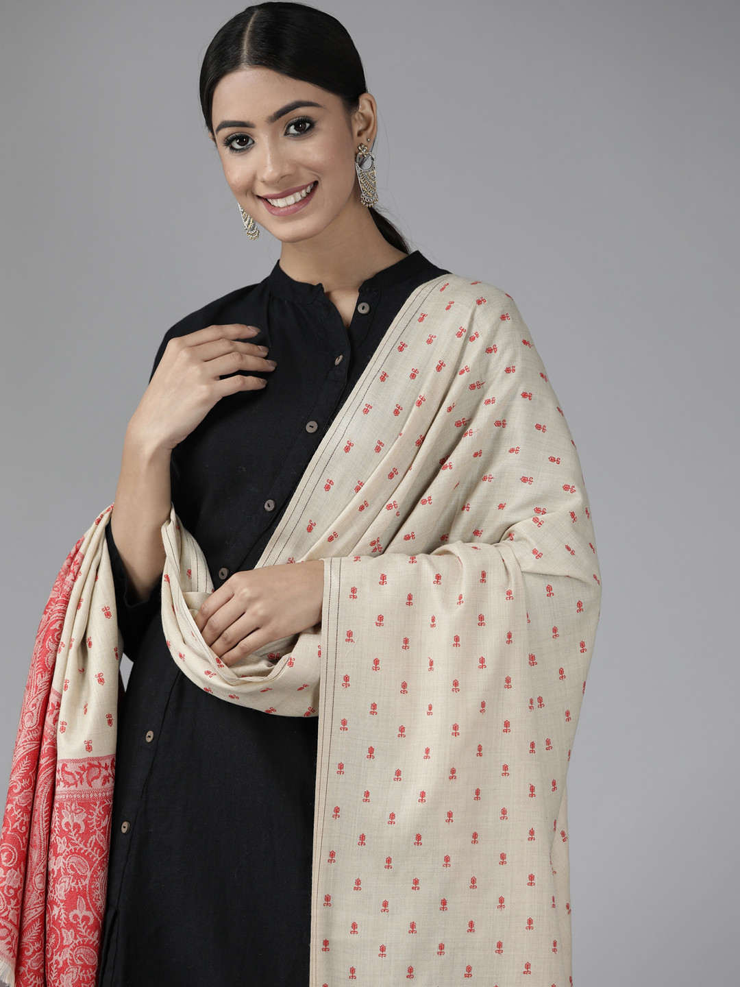 

Cayman Women Beige & Pink Printed Woollen Shawl, Red