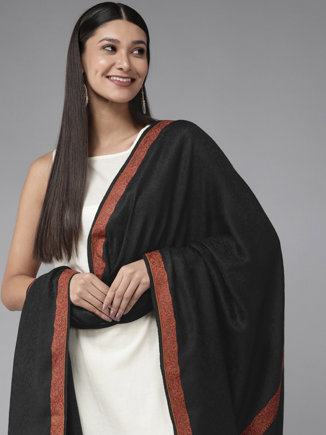 

Cayman Women Black Solid Woollen Shawl