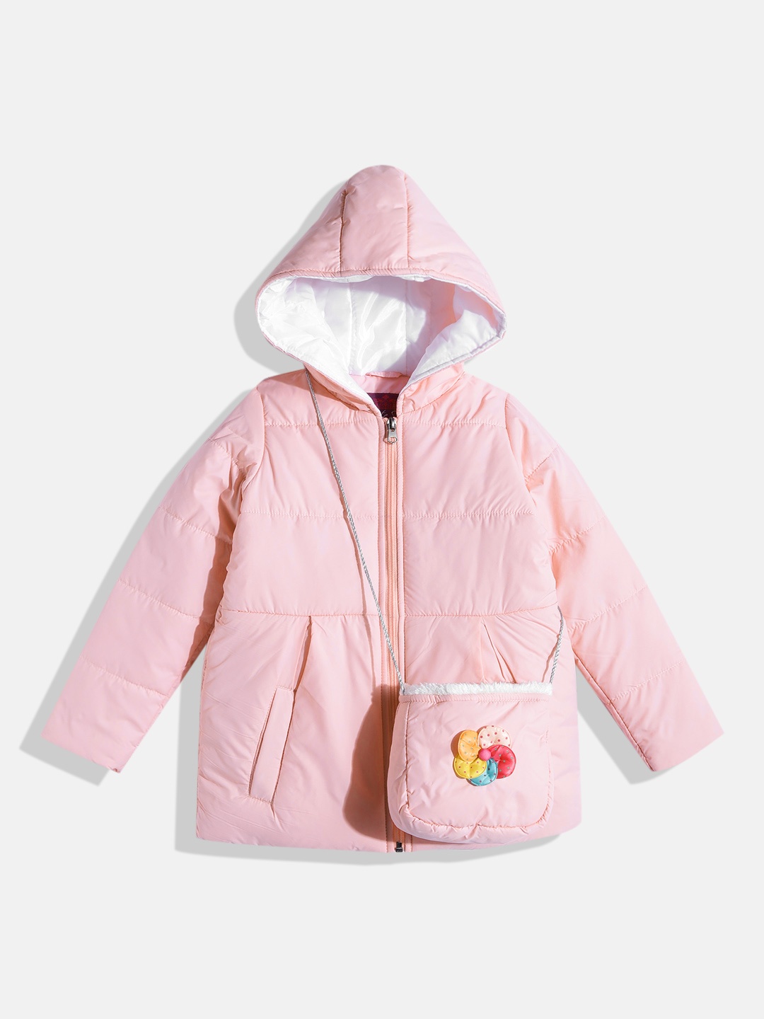 

White Snow Girls Pink Solid Puffer Jacket with Sling Bag