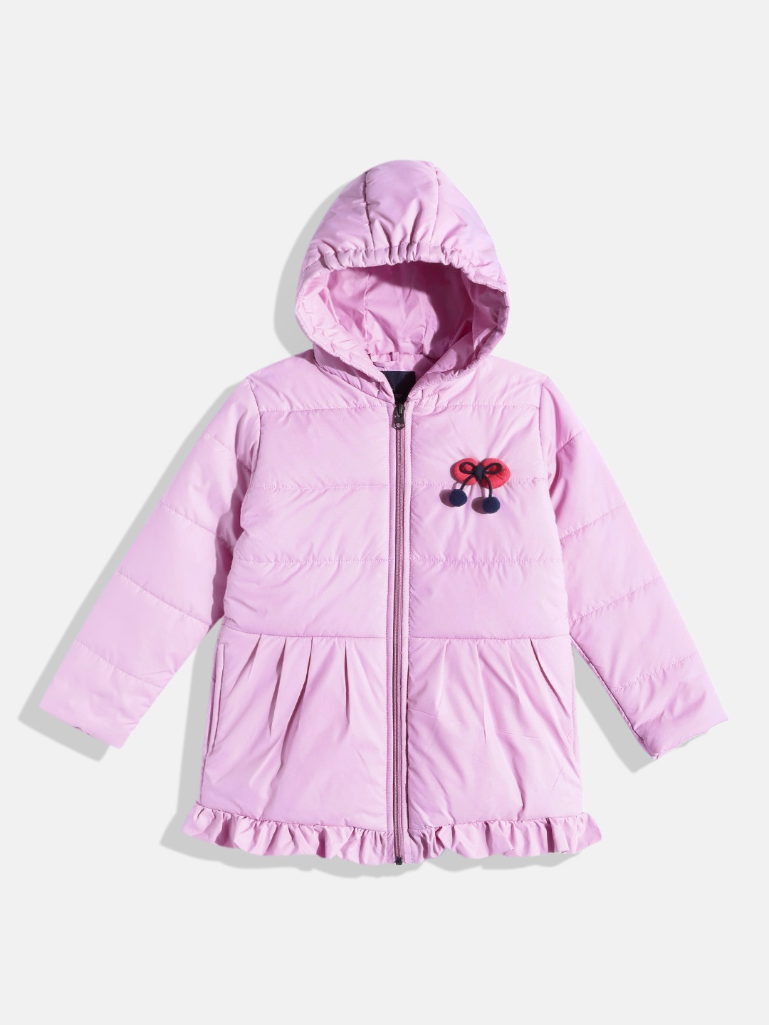 

White Snow Girls Lavender Solid Ruffled Hooded Padded Jacket with Pom-Pom Bow
