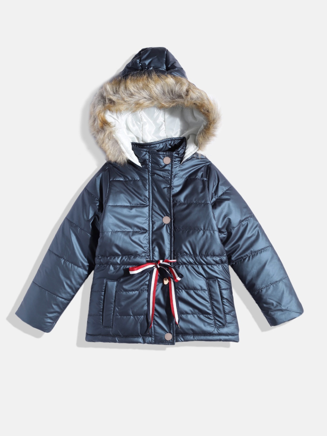 

White Snow Girls Teal Blue Sheen Faux Fur Hooded Parka Jacket with Waist Tie-Ups