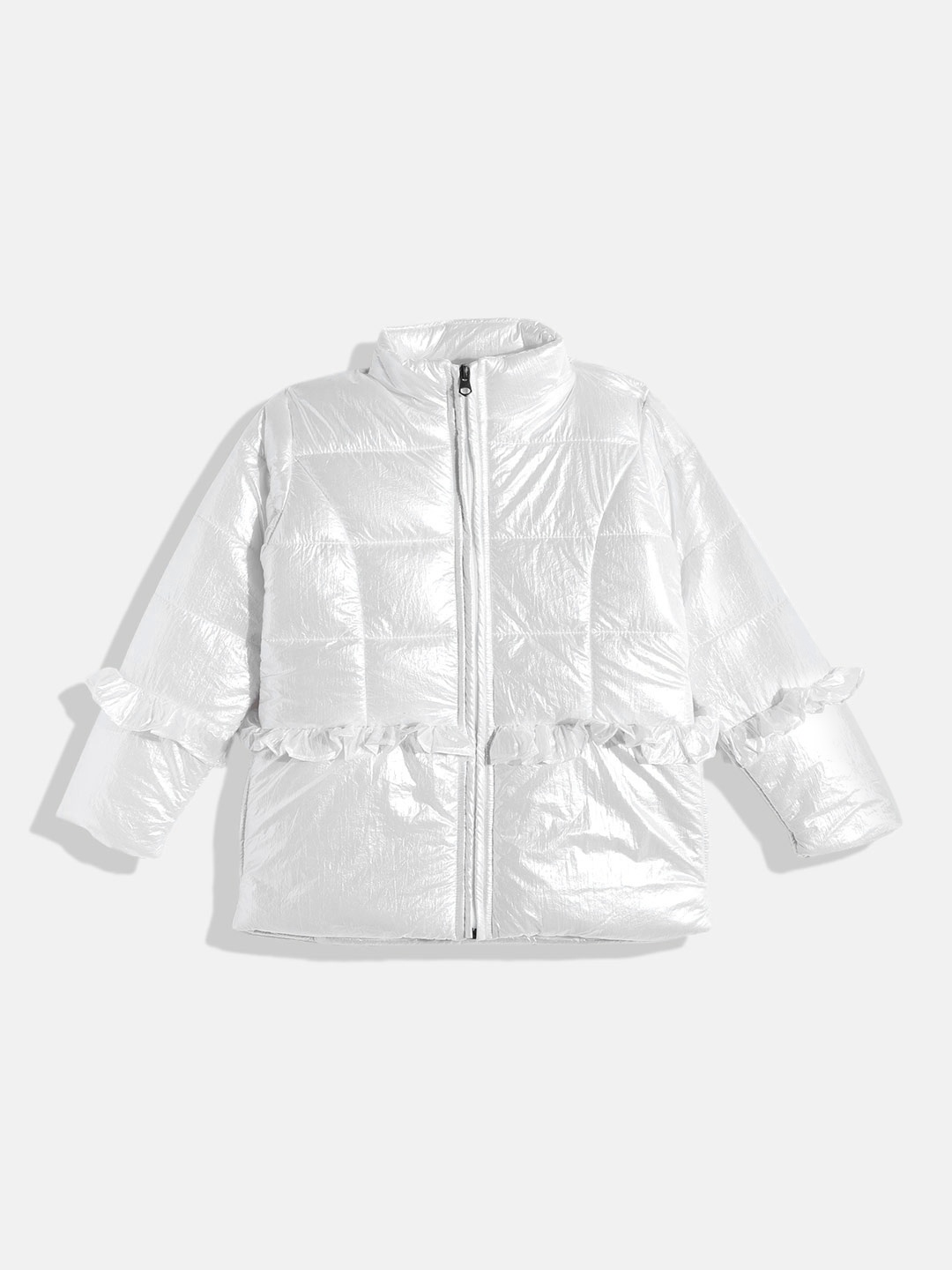

White Snow Girls White Sheen Ruffled Padded Jacket