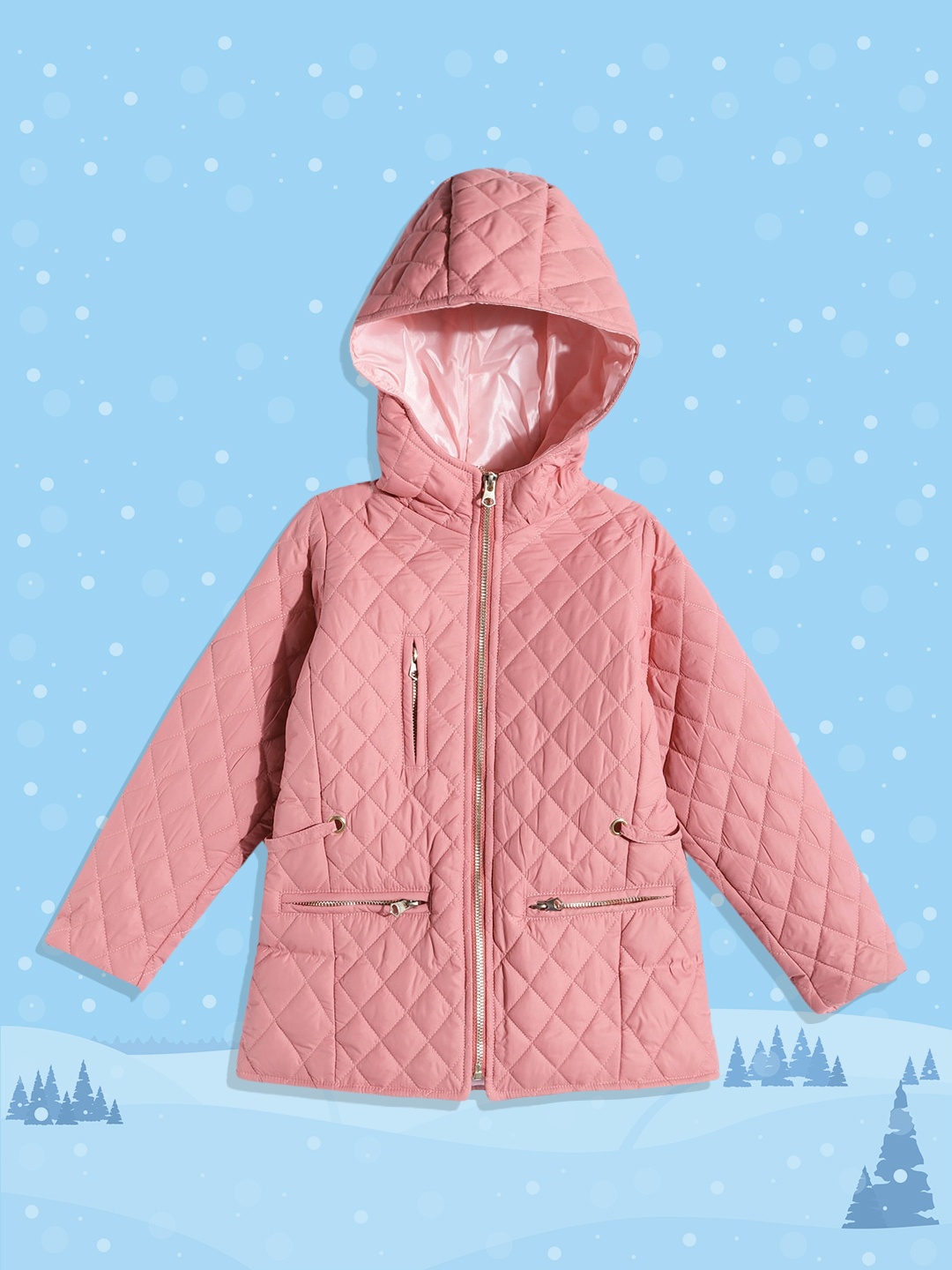 

White Snow Girls Peach-Coloured Solid Quilted Hooded Jacket