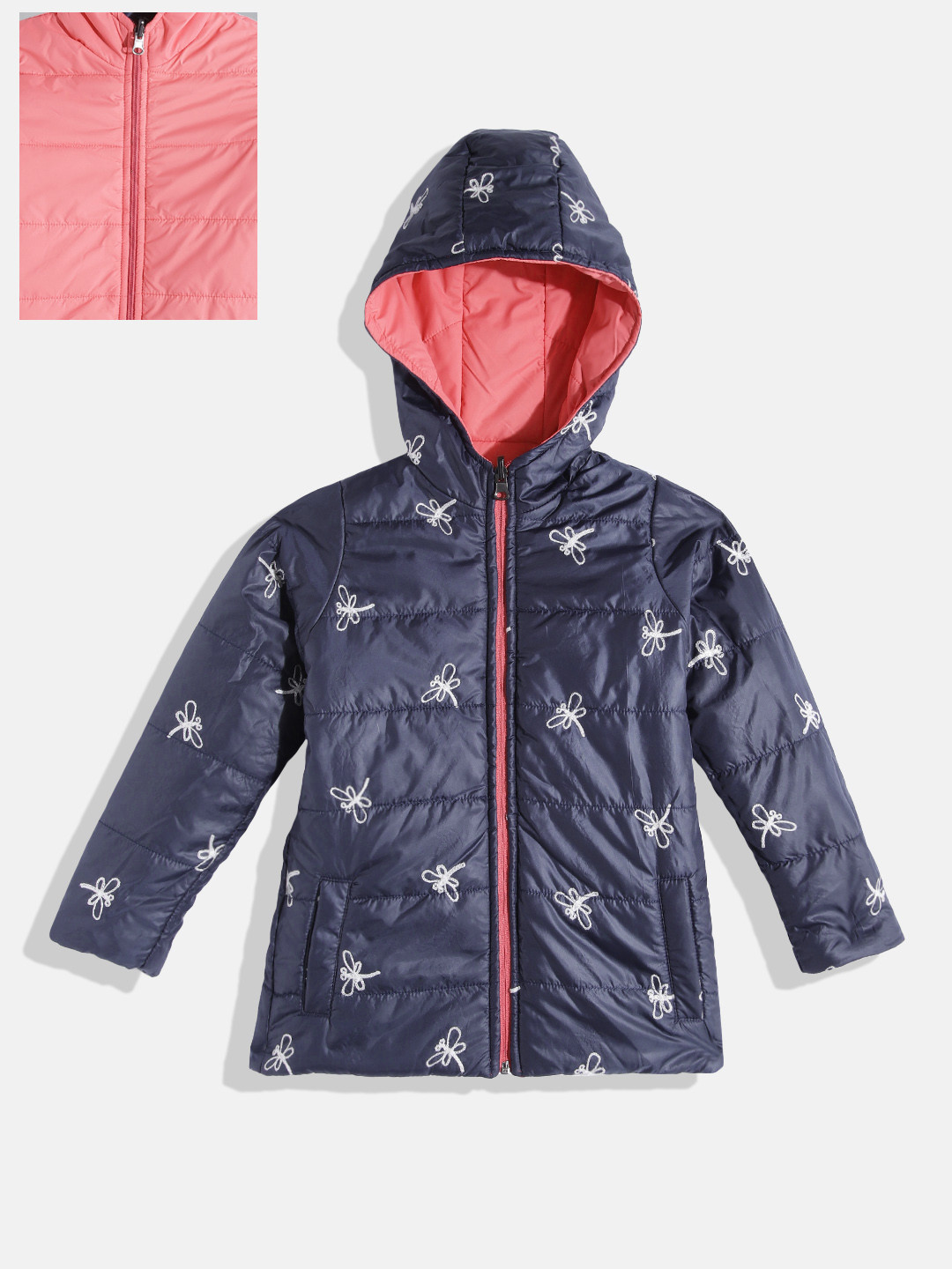 

White Snow Girls Navy Blue & Peach-Coloured Reversible Hooded Padded Jacket