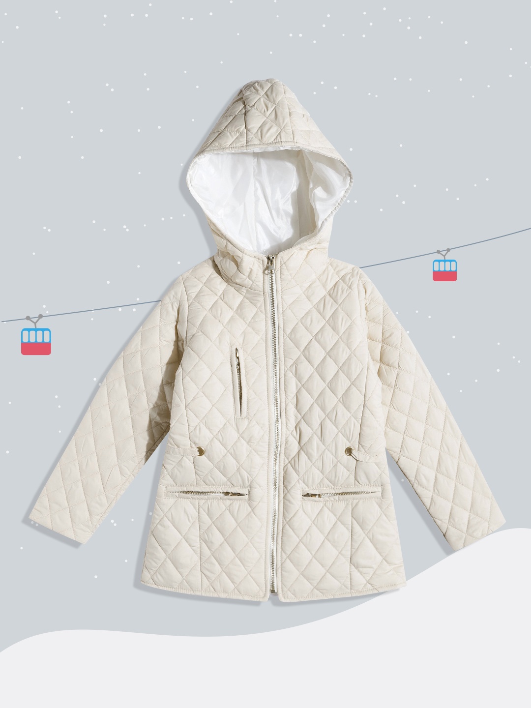 

White Snow Girls Beige Solid Quilted Hooded Jacket