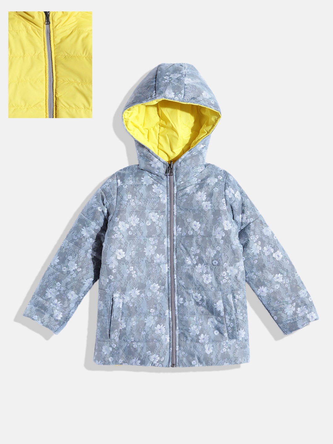 

White Snow Girls Blue & Yellow Floral Print Reversible Puffer Jacket