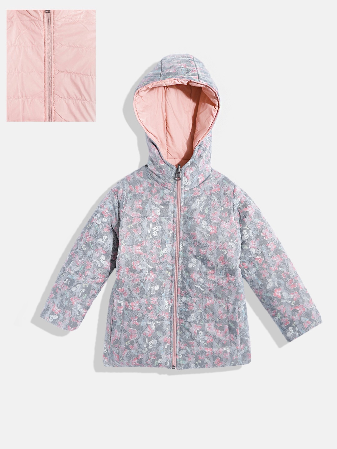 

White Snow Girls Blue & Pink Floral Print Reversible Puffer Jacket