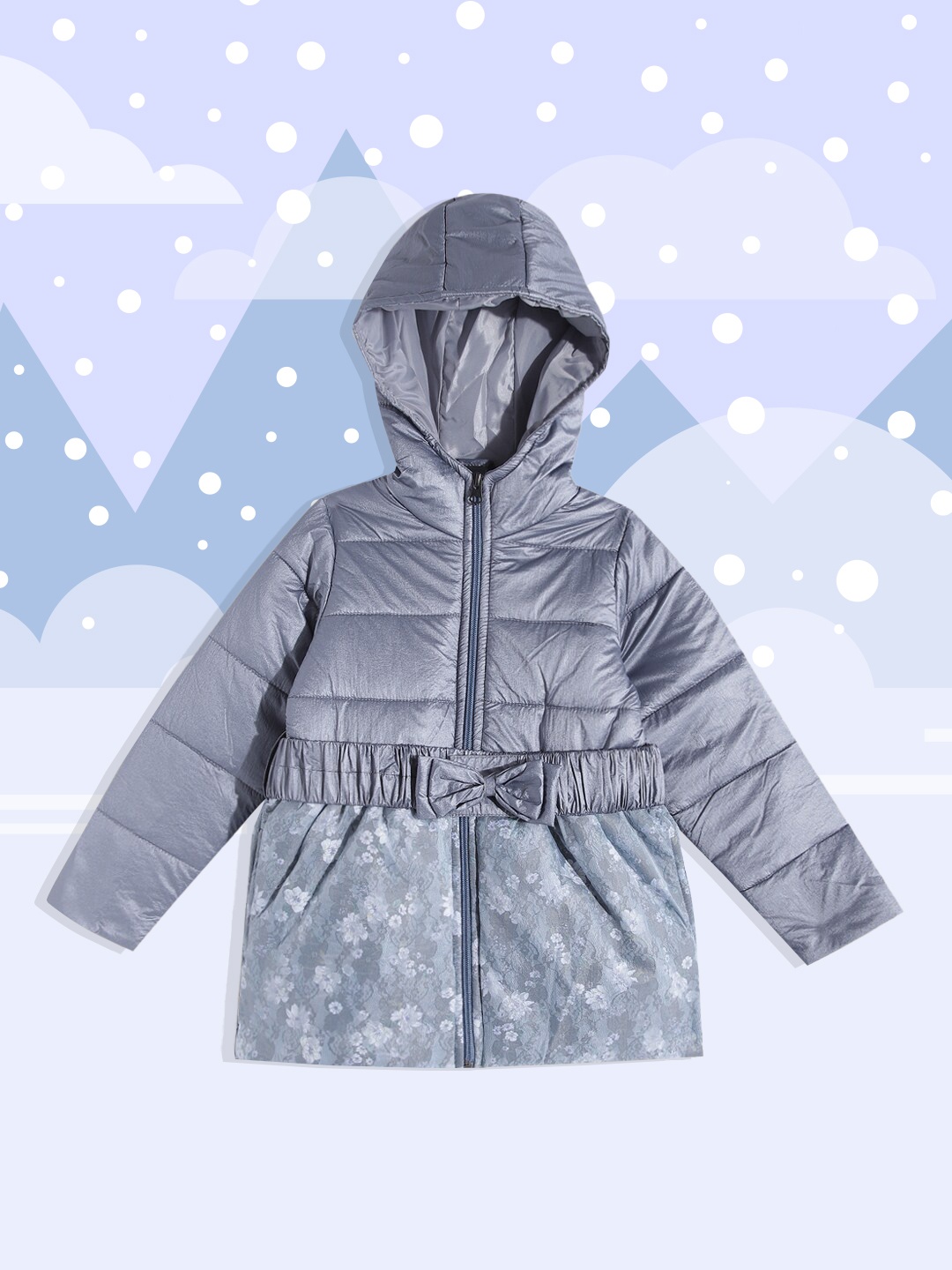 

White Snow Girls Blue Solid Floral Detail Longline Puffer Jacket