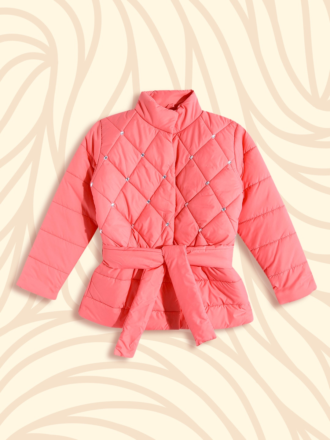 

White Snow Girls Peach-Coloured Solid Sequinned Quilted Hooded Jacket with Belt