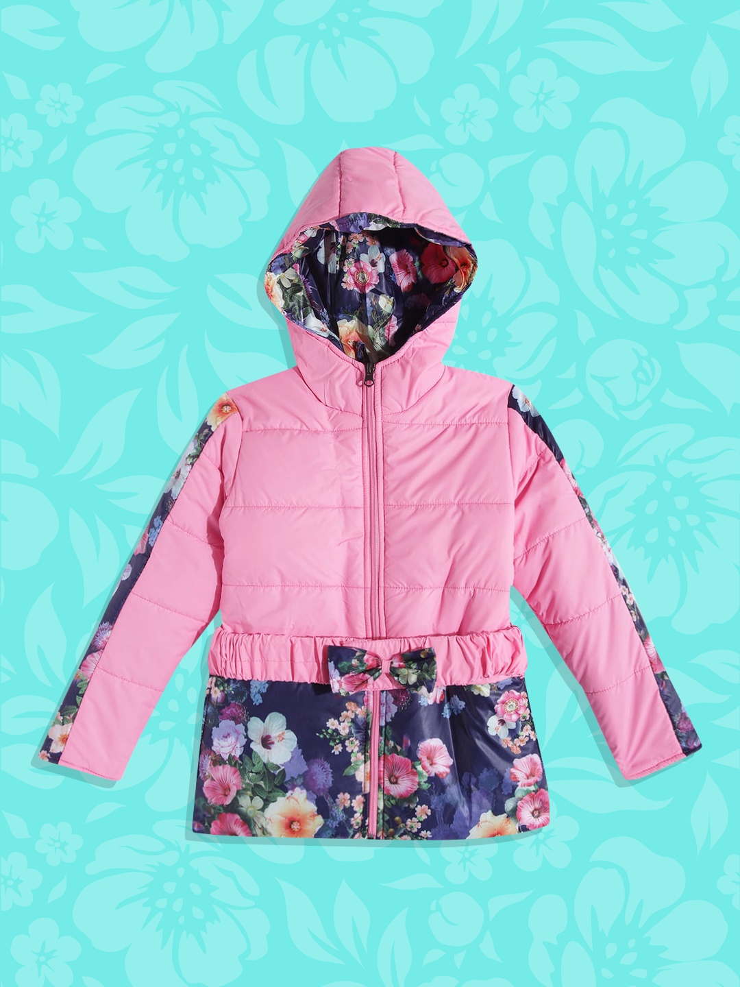 

White Snow Girls Pink & Blue Colourblocked Padded Hooded Jacket with Belt