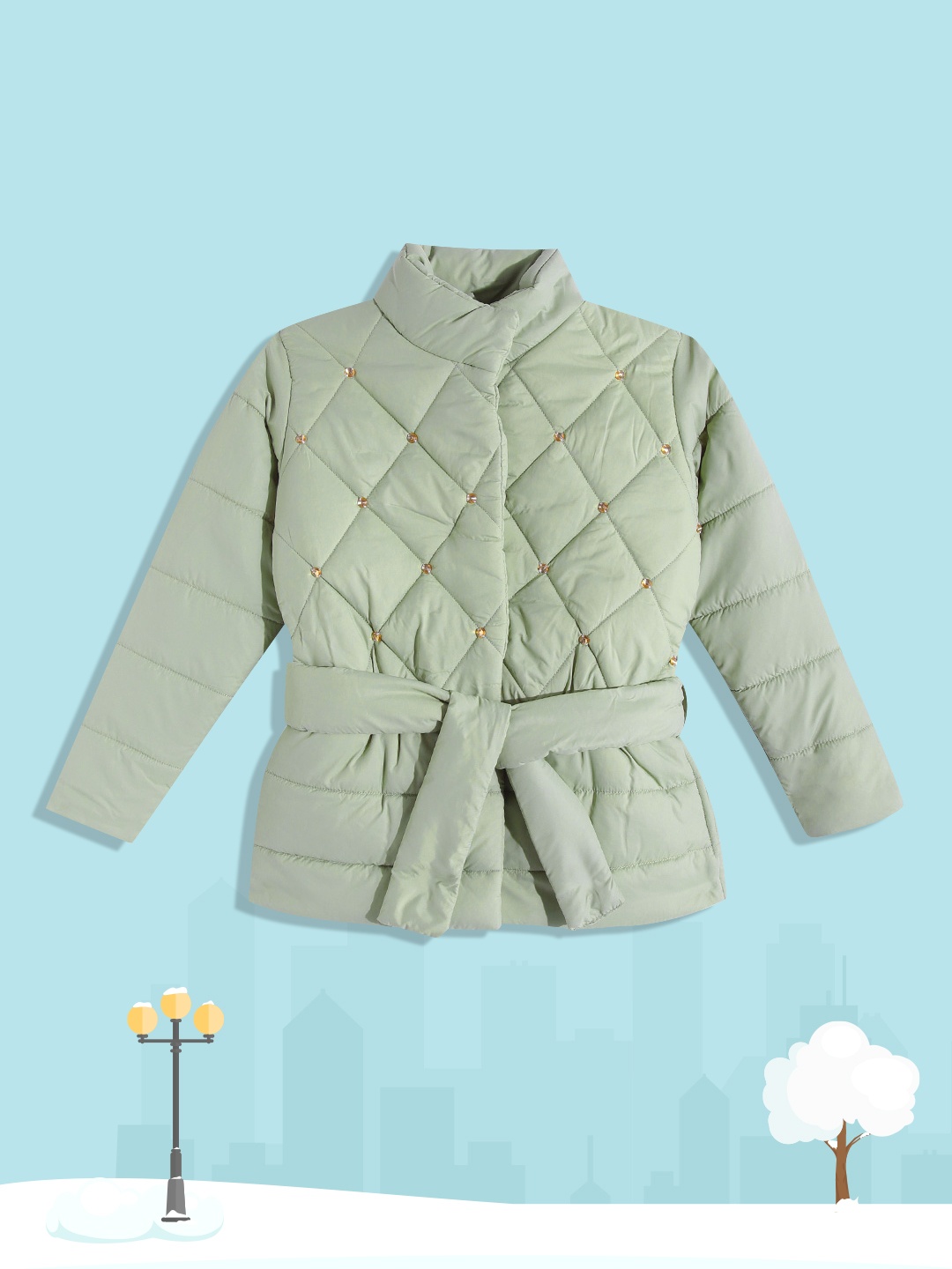 

White Snow Girls Sage Green Solid Sequinned Quilted Jacket with Belt