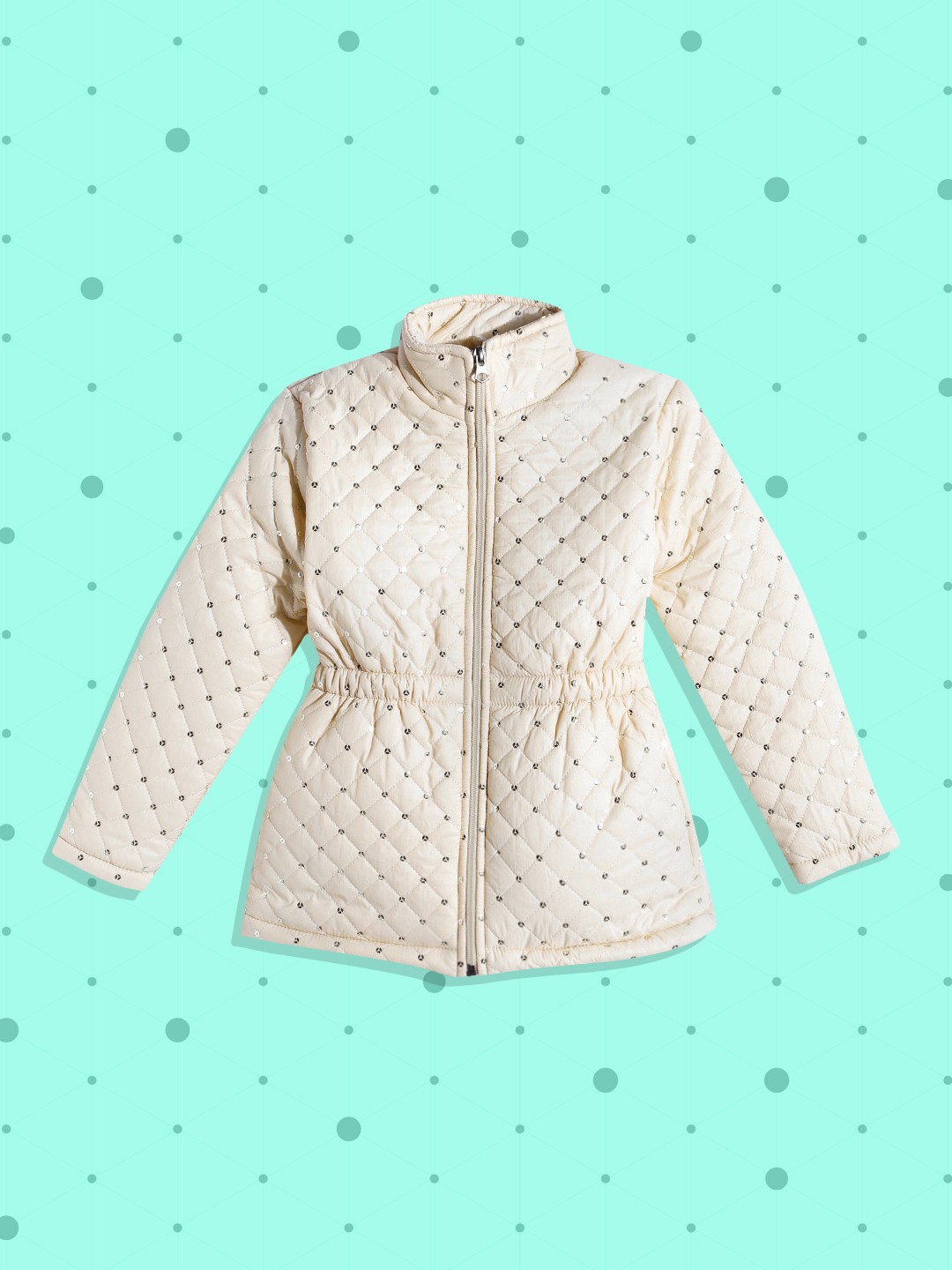 

White Snow Girls Beige & Gold Solid Sequinned Quilted Jacket with Belt