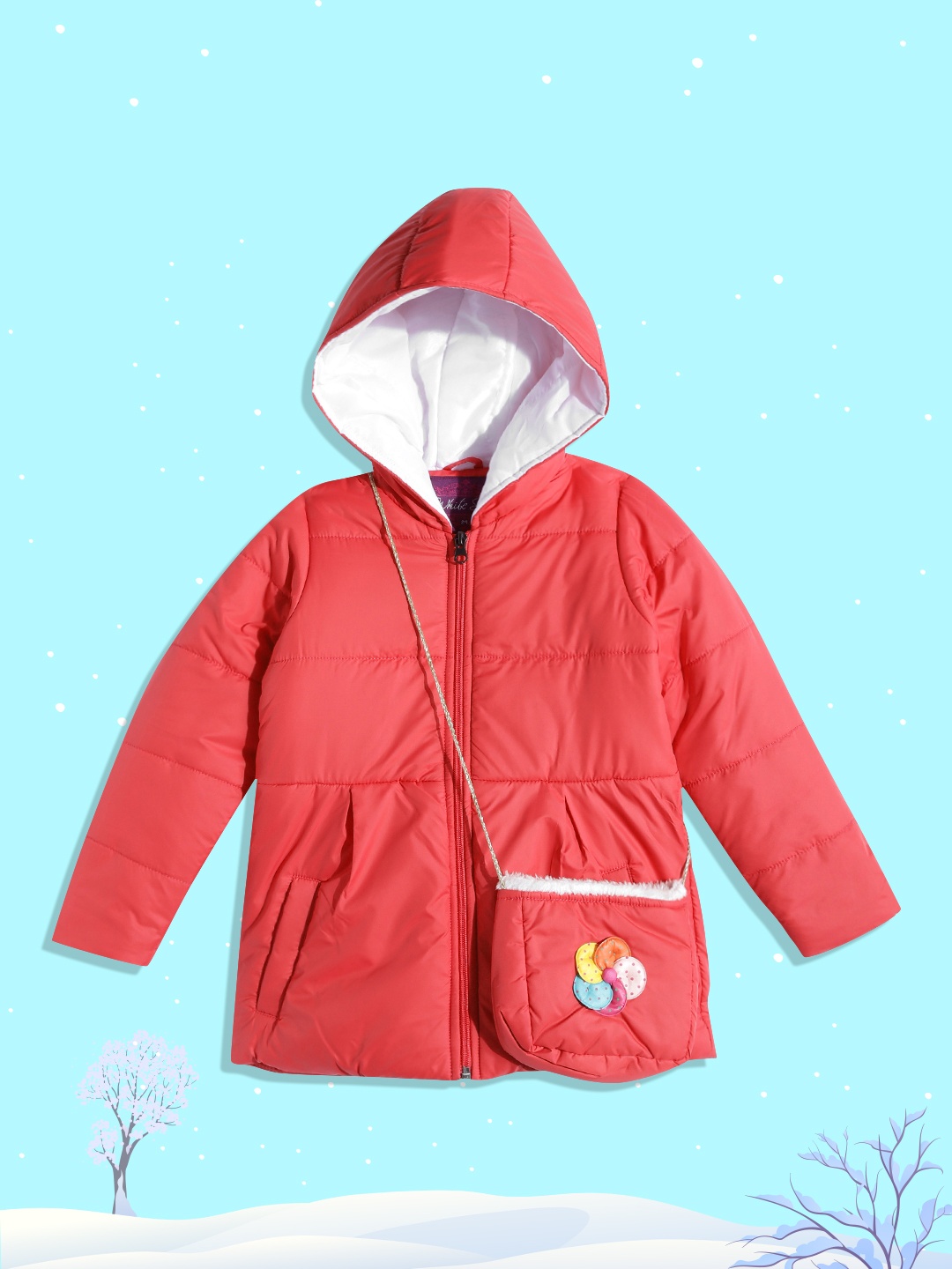 

White Snow Girls Red Solid Puffer Jacket with Sling Bag