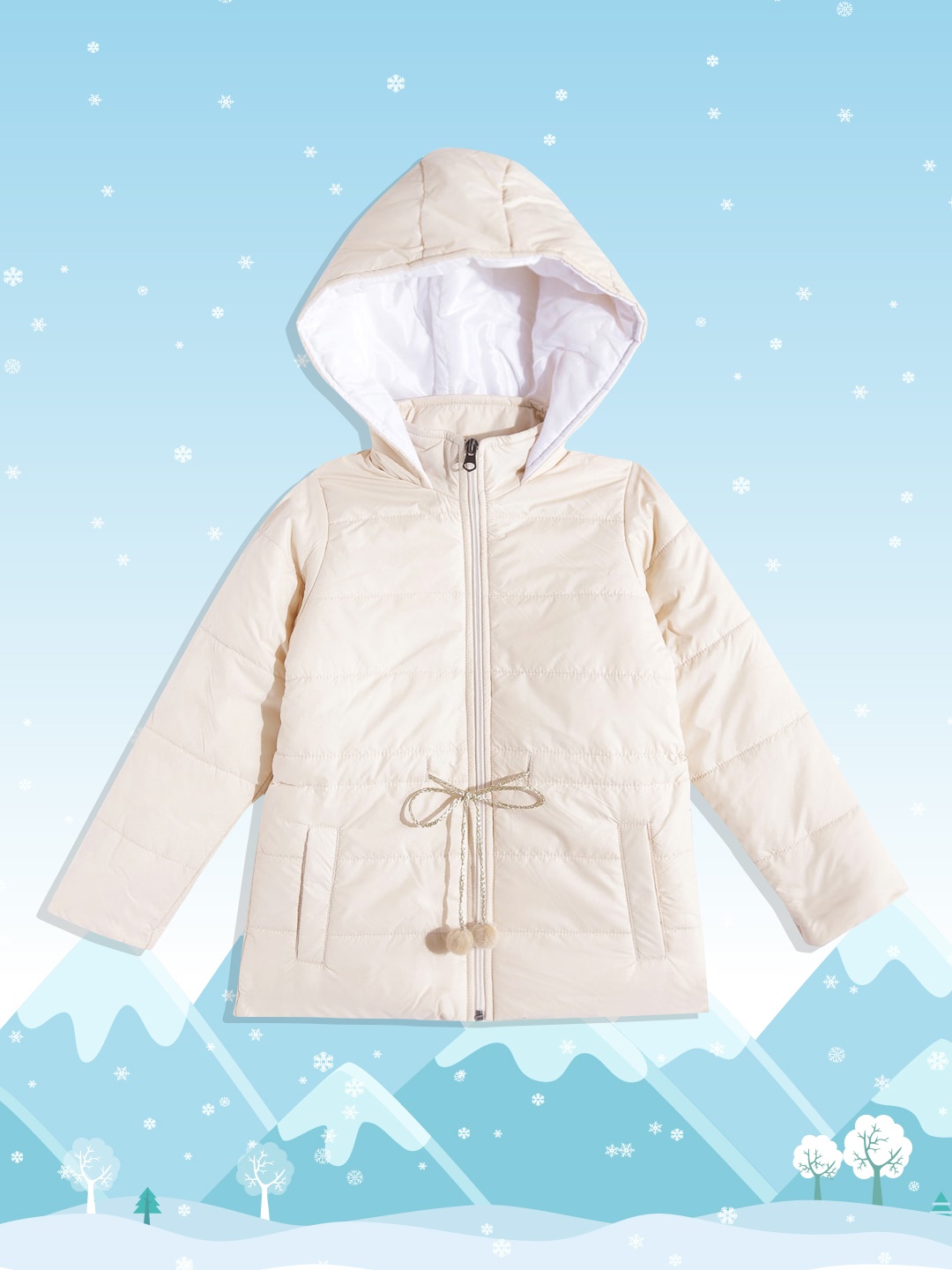 

White Snow Girls Cream-Coloured Solid Hooded Puffer Jacket