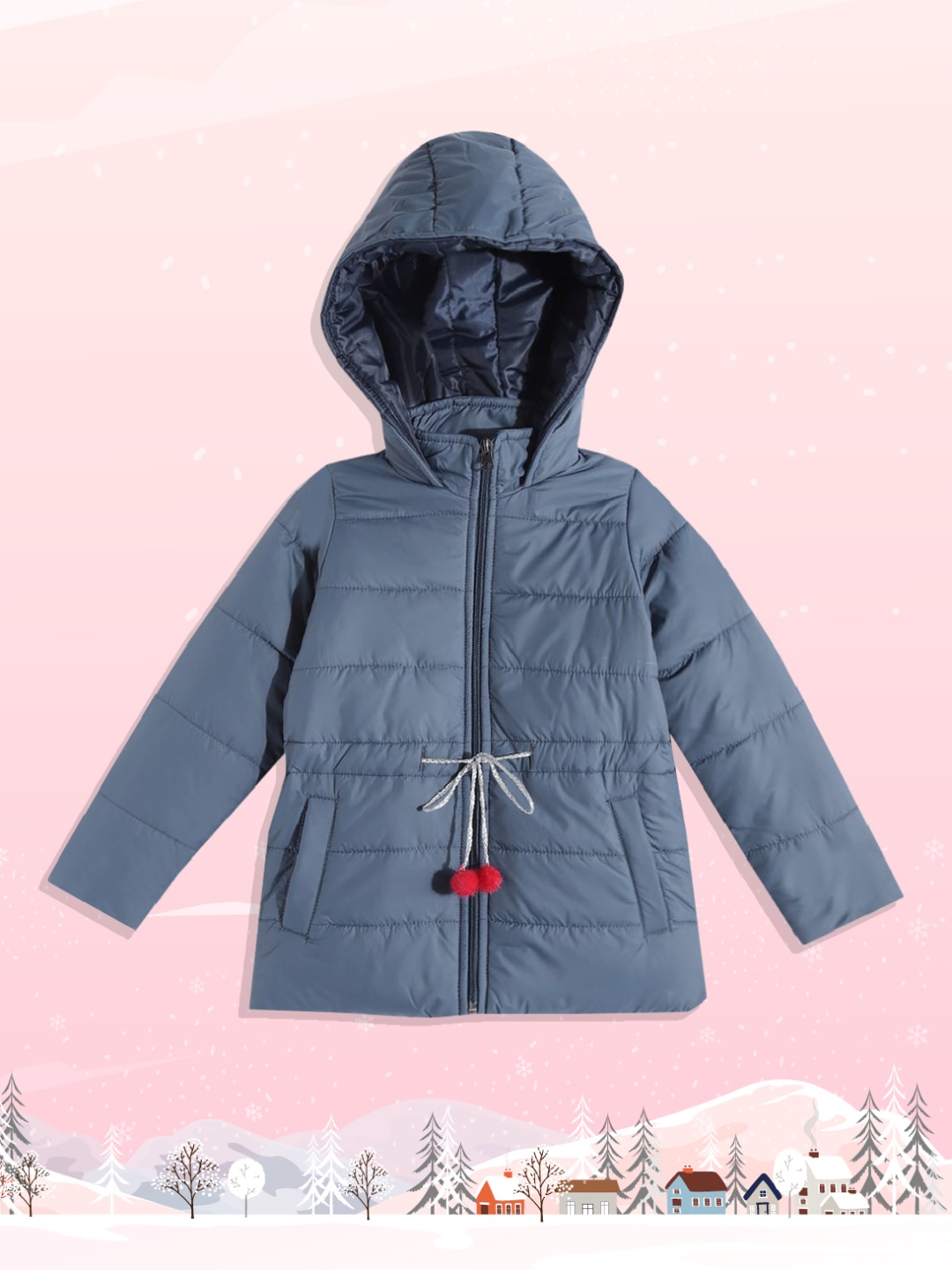 

White Snow Girls Navy Blue Solid Hooded Puffer Jacket