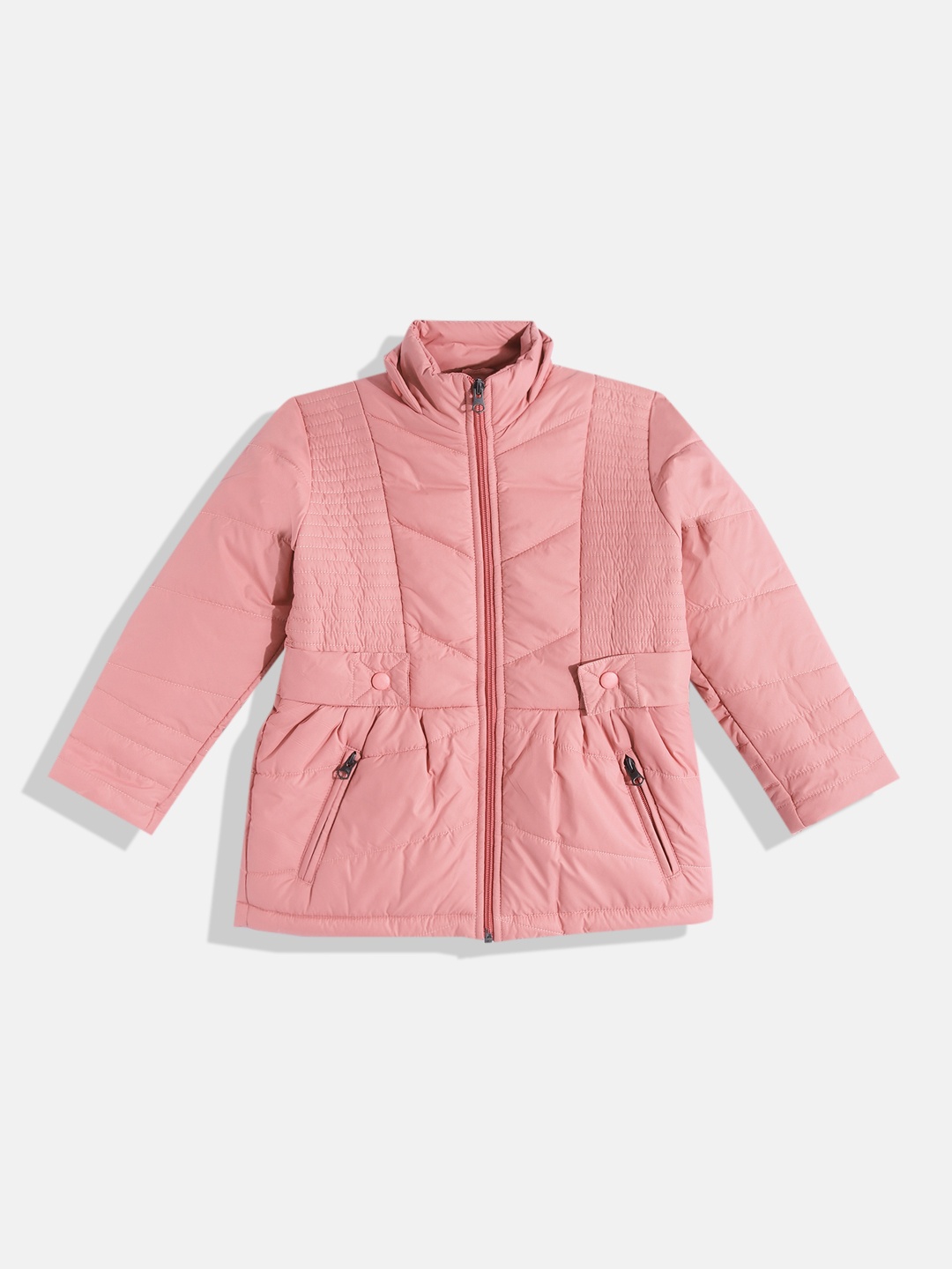 

White Snow Girls Peach-Coloured Solid Padded Jacket with Smocked Detail