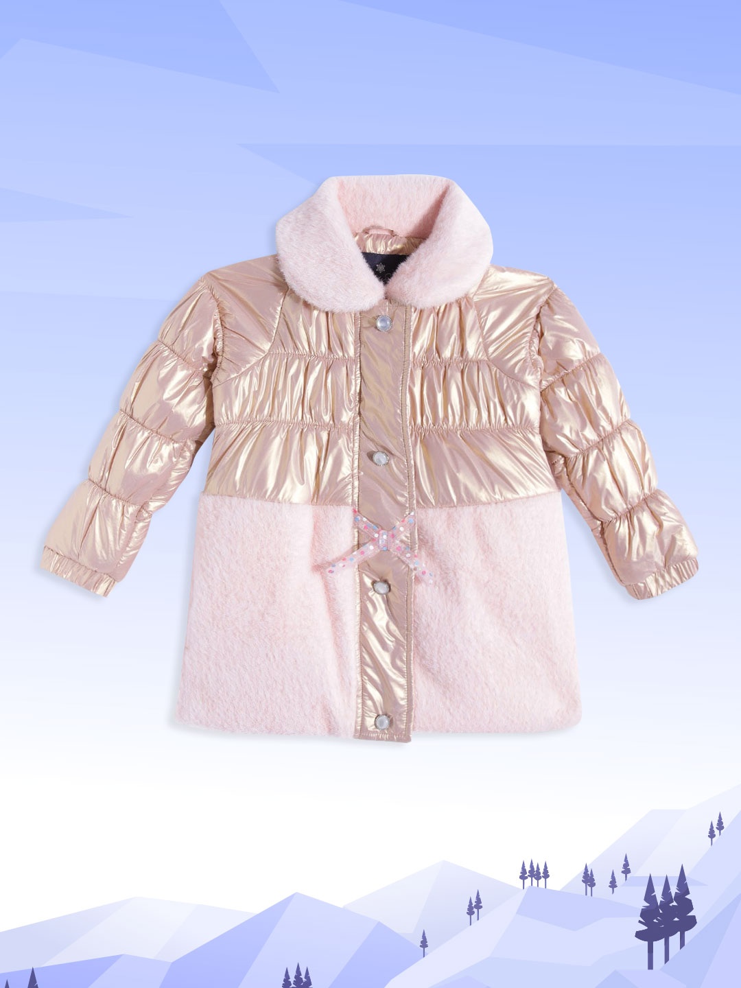 

White Snow Girls Rose Gold & Pink Colourblocked Faux Fur Bow Detail Padded Jacket