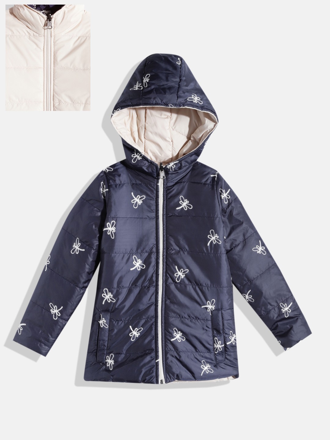 

White Snow Girls Navy Blue & Beige Reversible Hooded Padded Jacket
