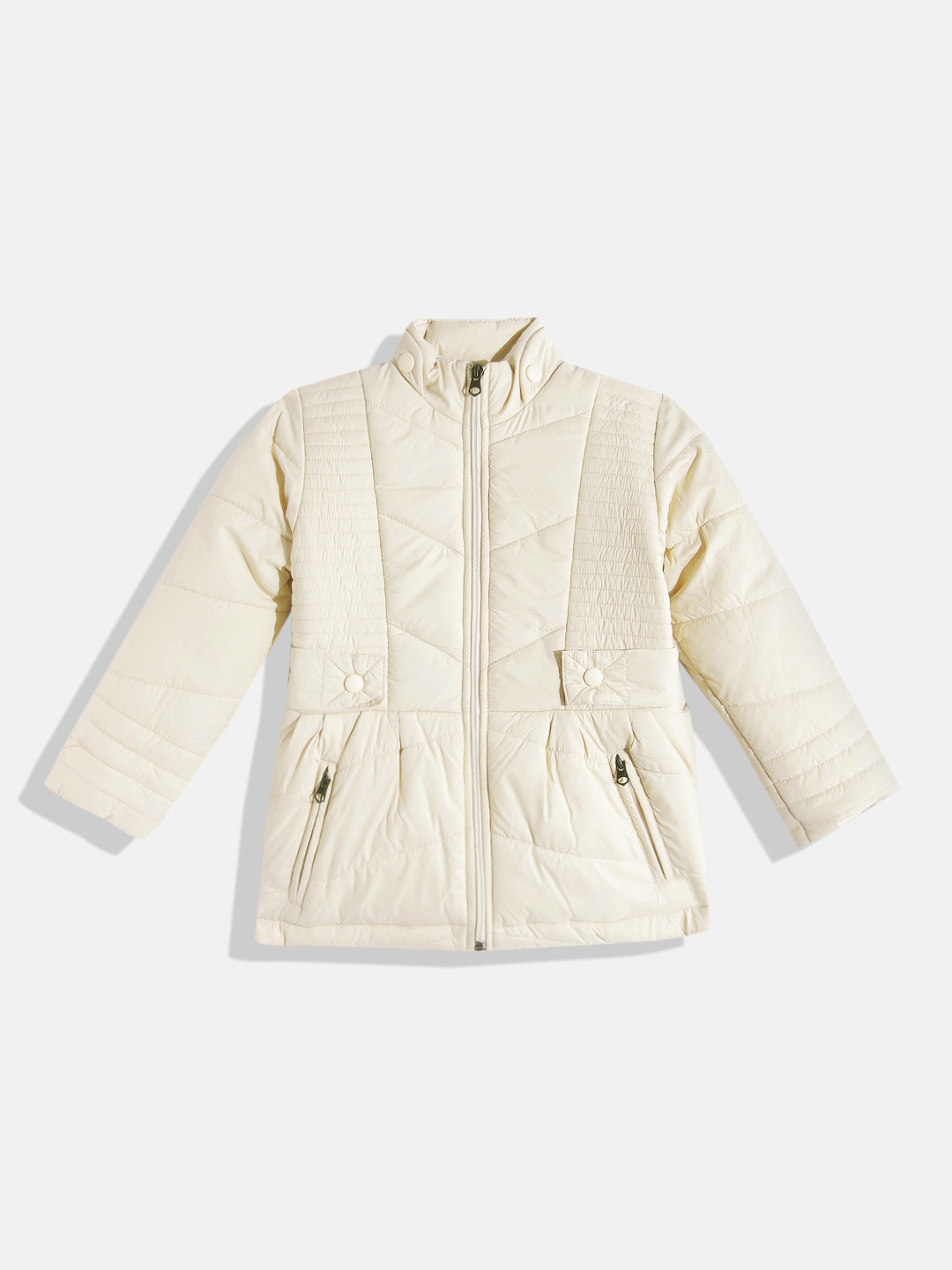 

White Snow Girls Beige Solid Padded Jacket with Smocked Detail