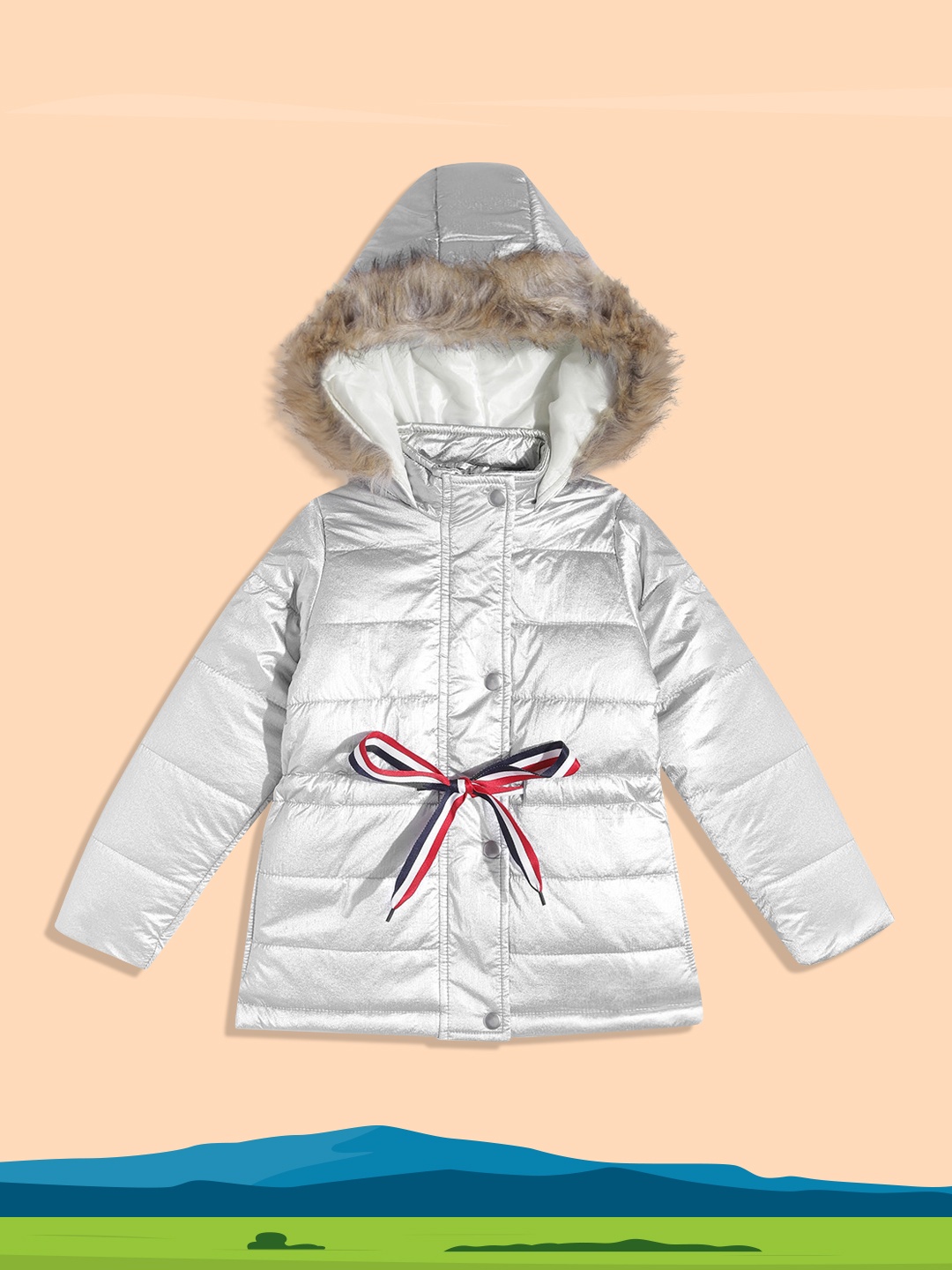 

White Snow Girls Silver Solid Faux Faur Hood Parka Jacket with Waist Tie-Ups