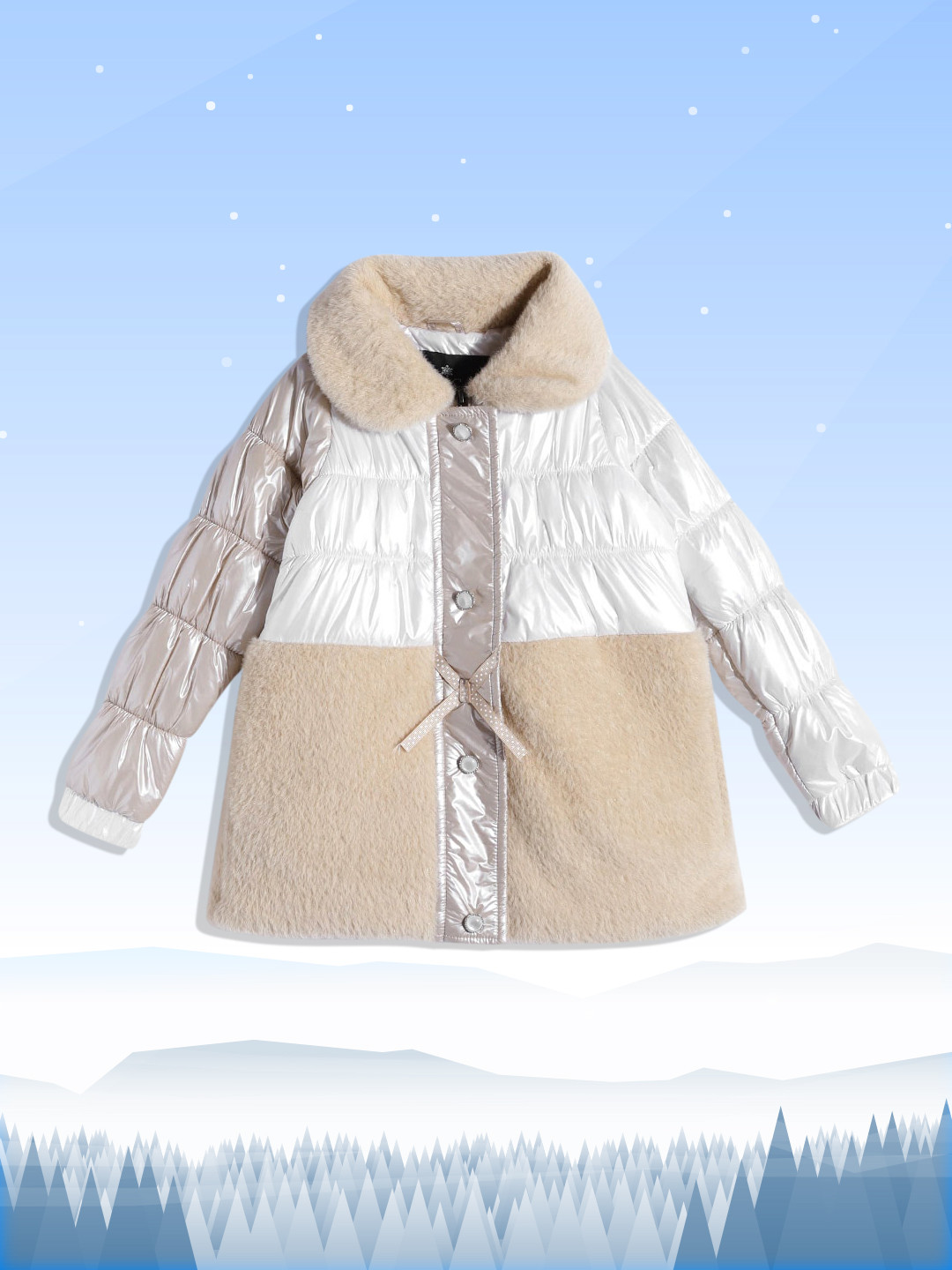 

White Snow Girls Grey & Beige Colourblocked Faux Fur Sheen Padded Jacket with Bow Detail