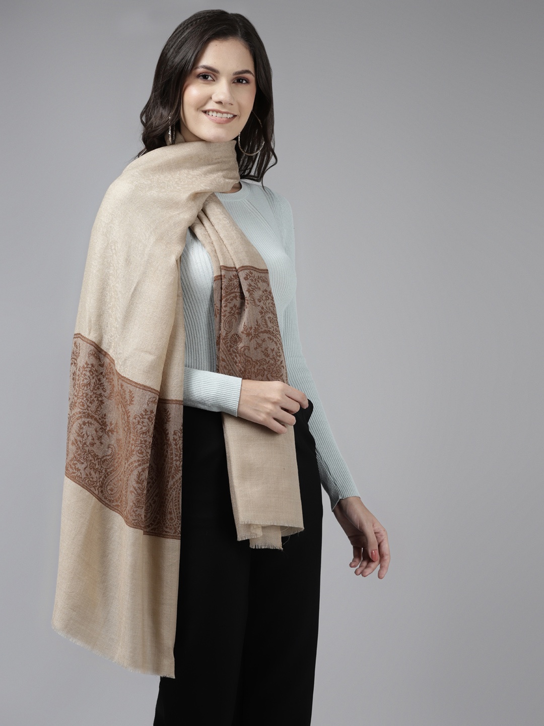 

Cayman Women Beige & Brown Woven Design Woollen Winter Stole