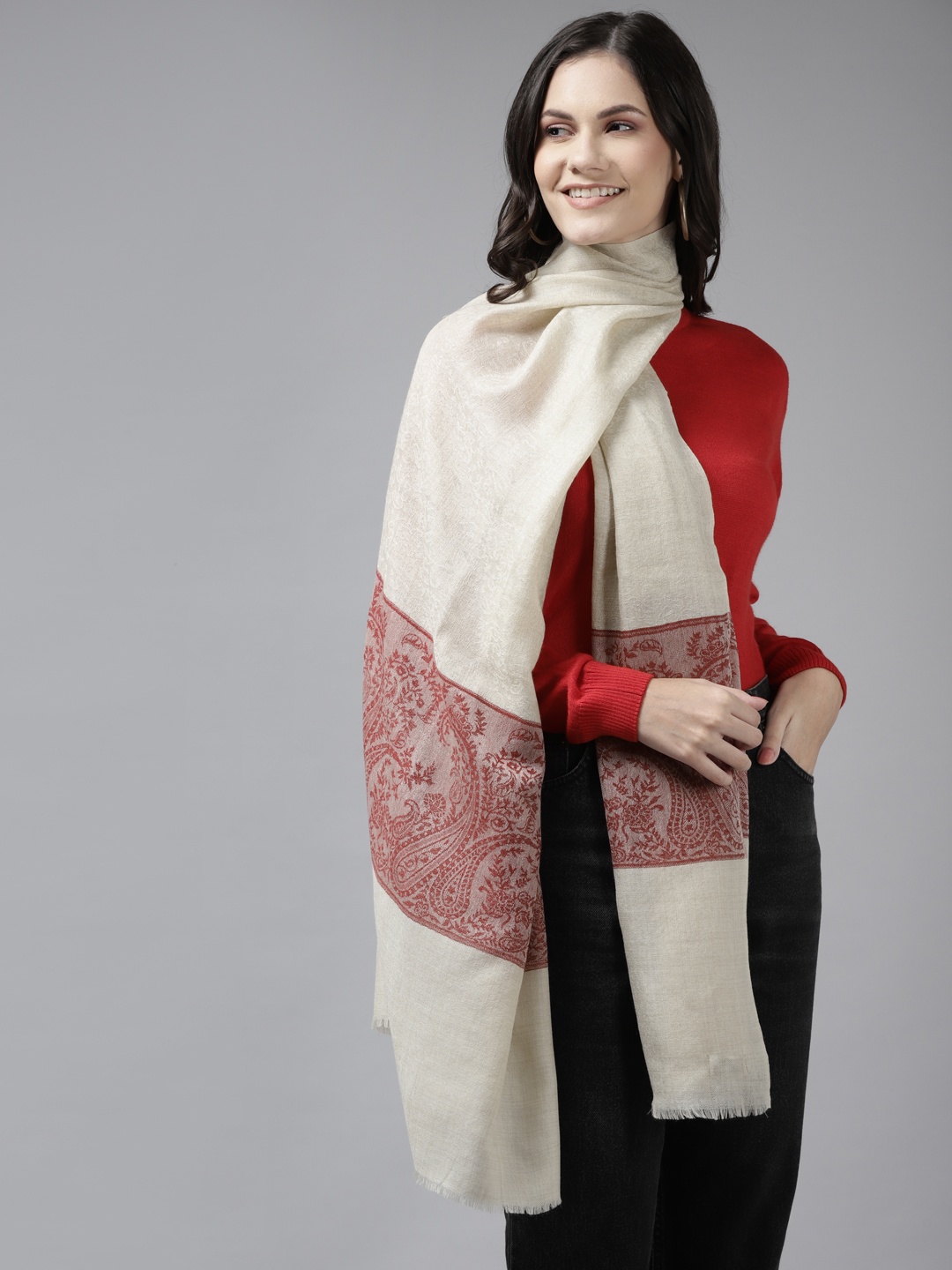 

Cayman Women Beige & Red Woven Design Woollen Winter Stole