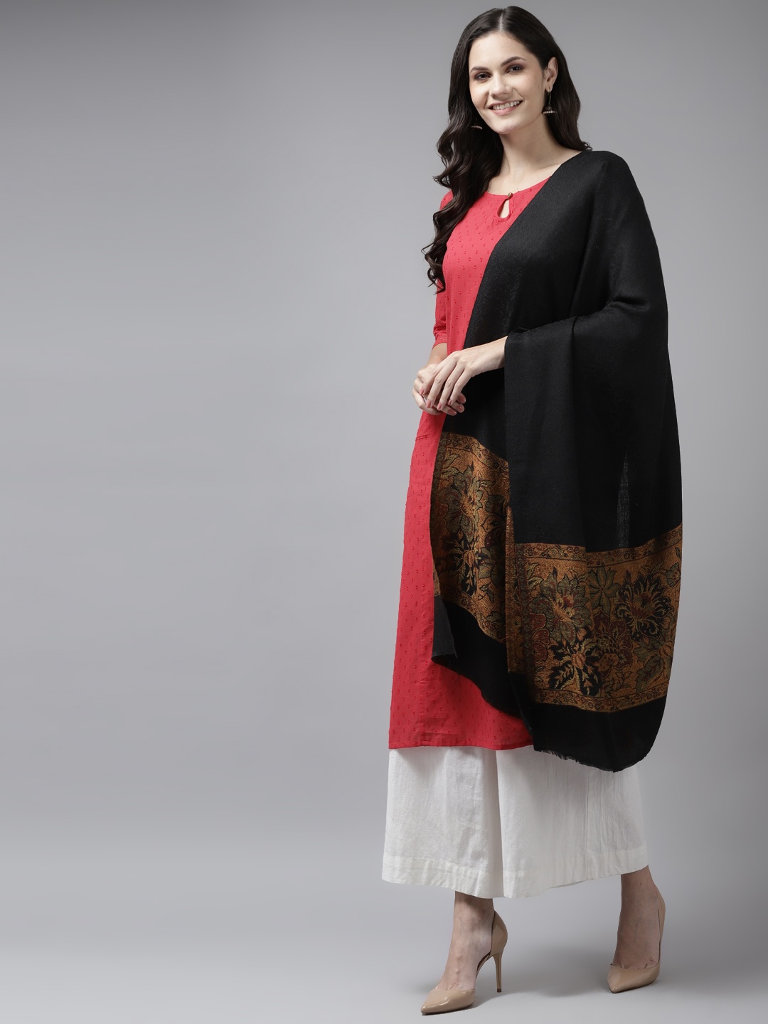 

Cayman Women Black Woven Design Woollen Winter Stole