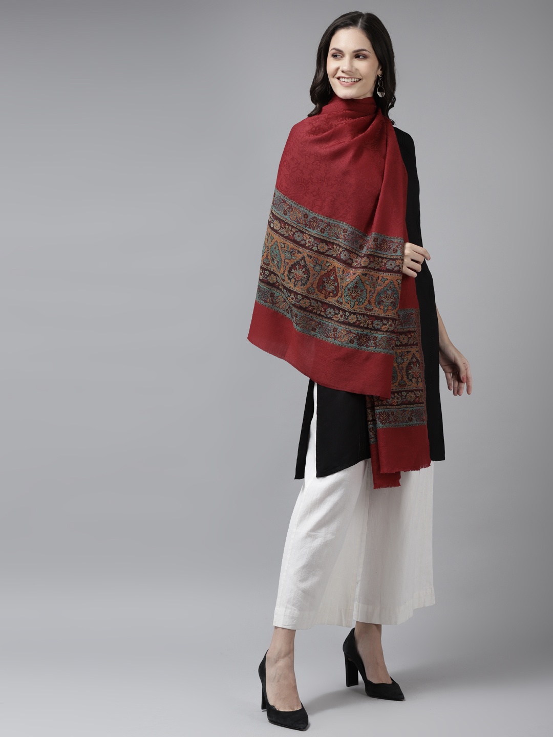 

Cayman Women Red & Turquoise Blue Woven Design Woollen Winter Stole
