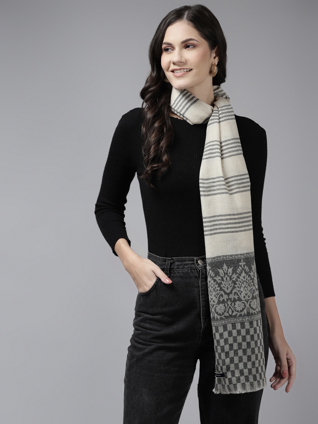 

Cayman Women Black & Beige Woven Design Woollen Winter Stole