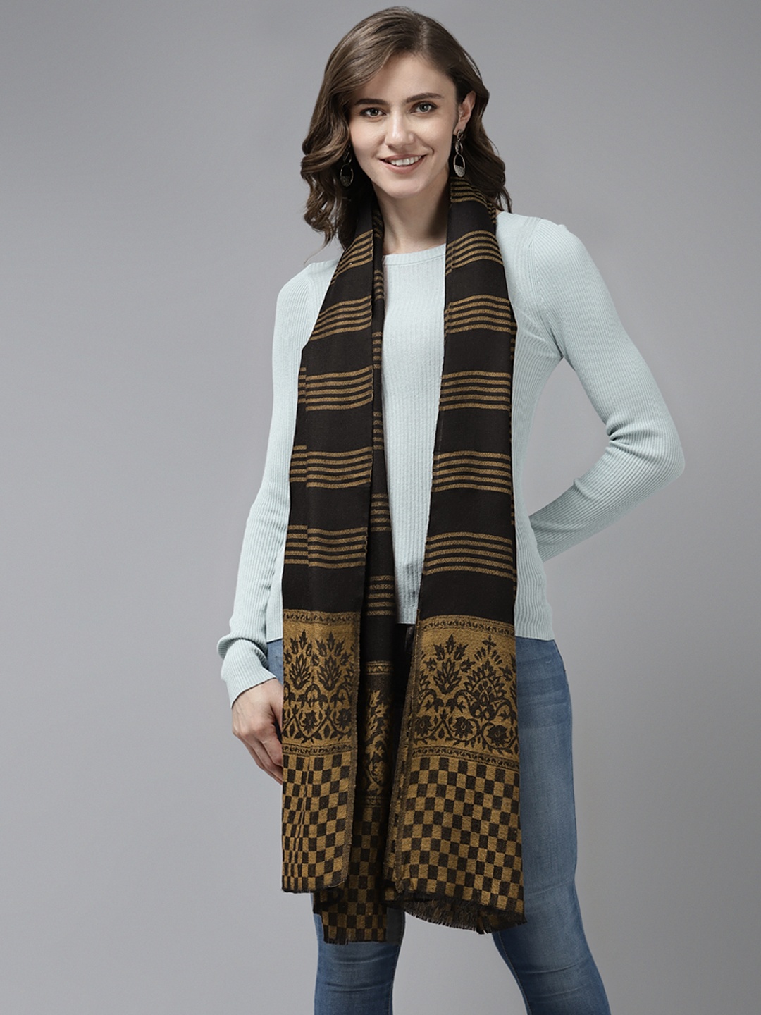 

Cayman Women Black & Mustard Brown Woven Design Winter Stole