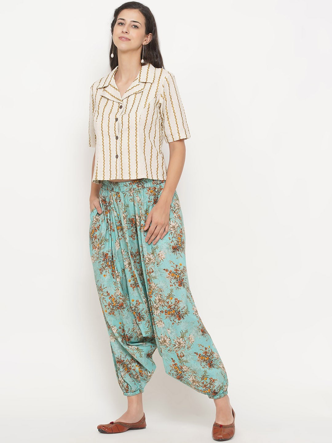 

FABNEST Women White & Blue Striped Pure Cotton Shirt with Dhoti Pants