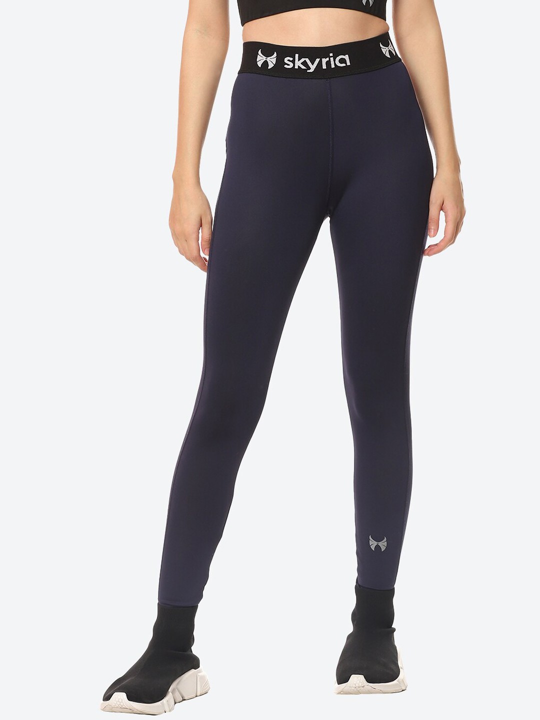 

skyria Women Navy Blue Solid Ankle Length Training Tights