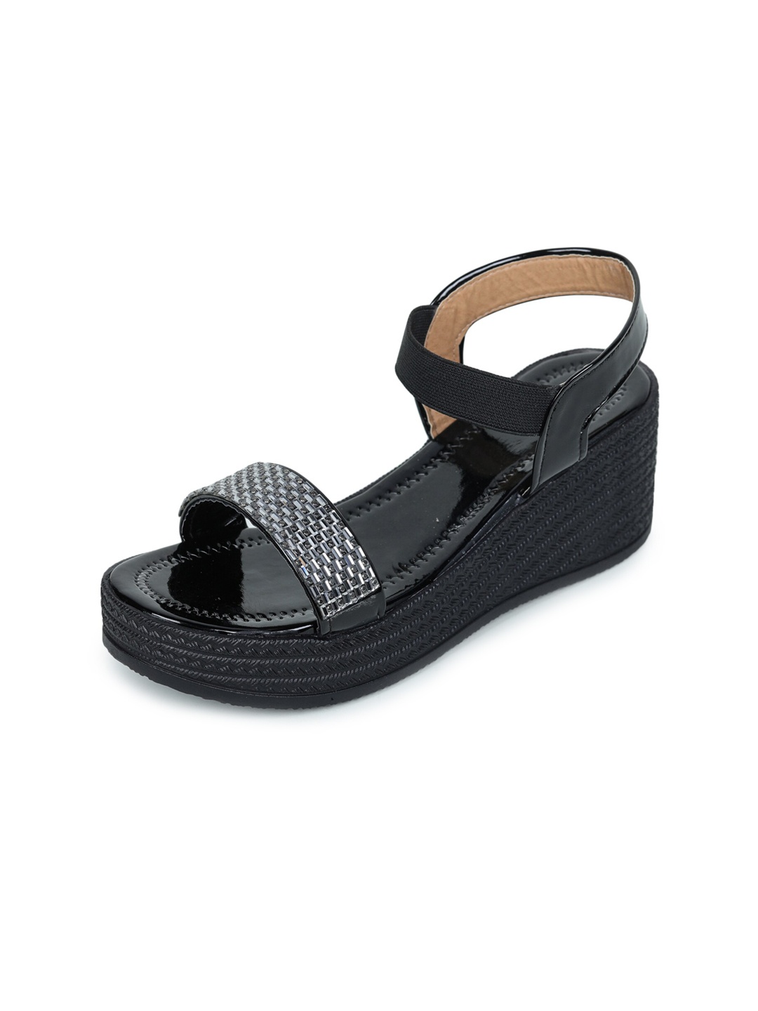

REEZZ Women Black Ankle Strap Synthetic Wedges Sandal