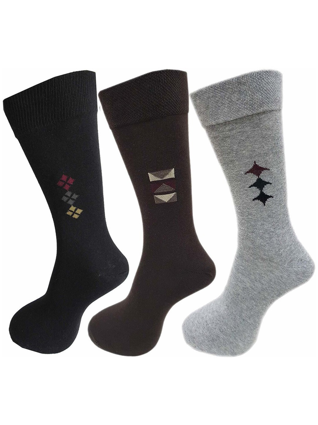 

RC. ROYAL CLASS Men Pack Of 3 Calf-Length Patterned Cotton Socks, Brown