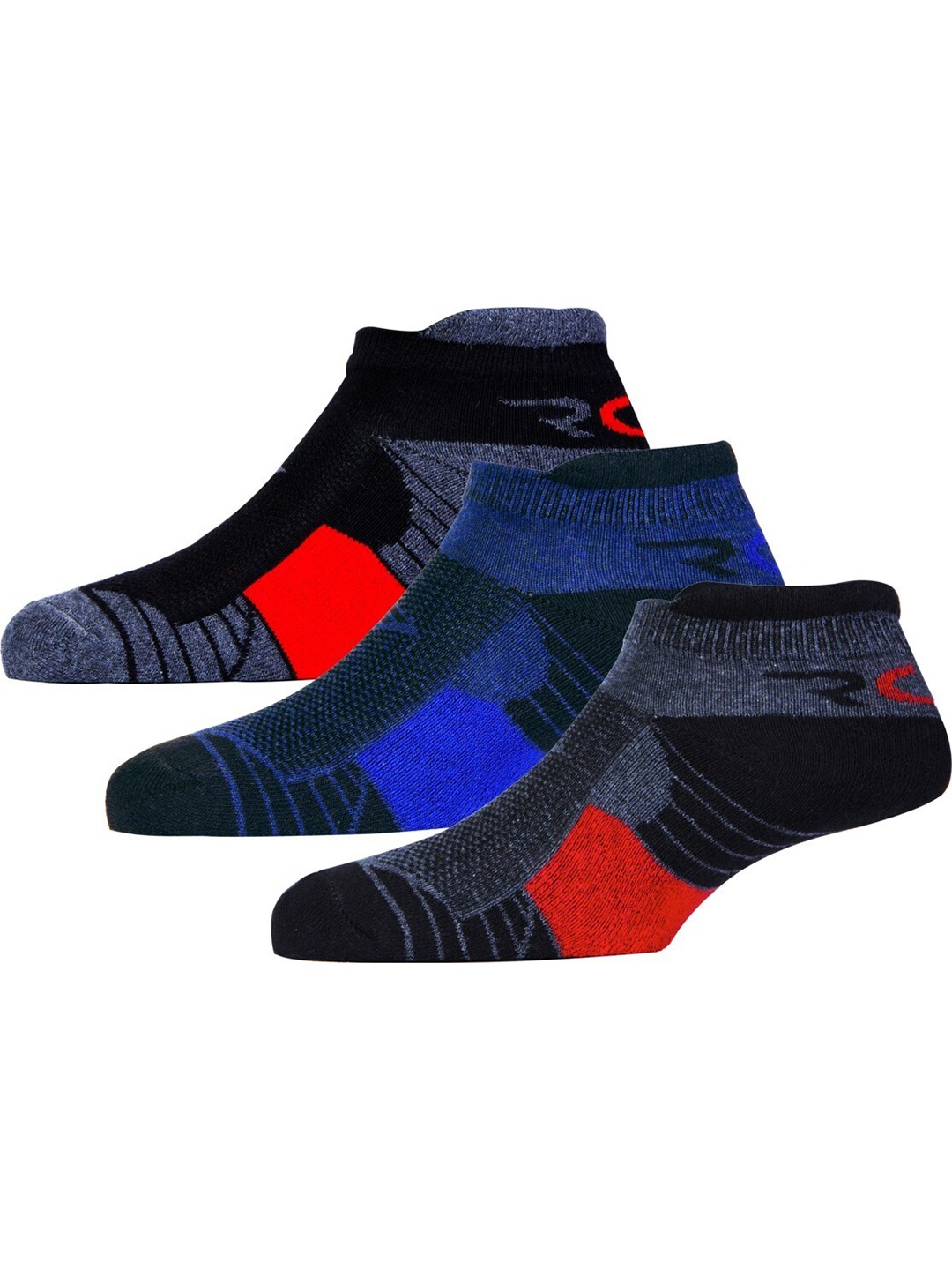 

RC. ROYAL CLASS Men Pack Of 3 Blue & Red Patterned Ankle Length Socks