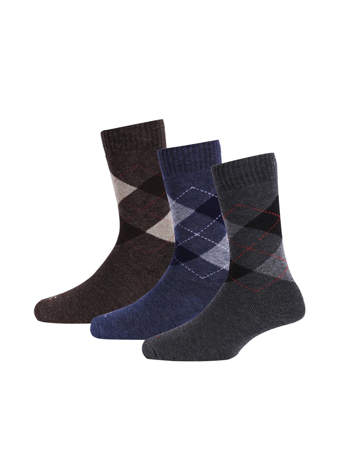 

RC. ROYAL CLASS Men Navy Blue Brown & Black Pack Of 3 Patterned Calf Length Socks