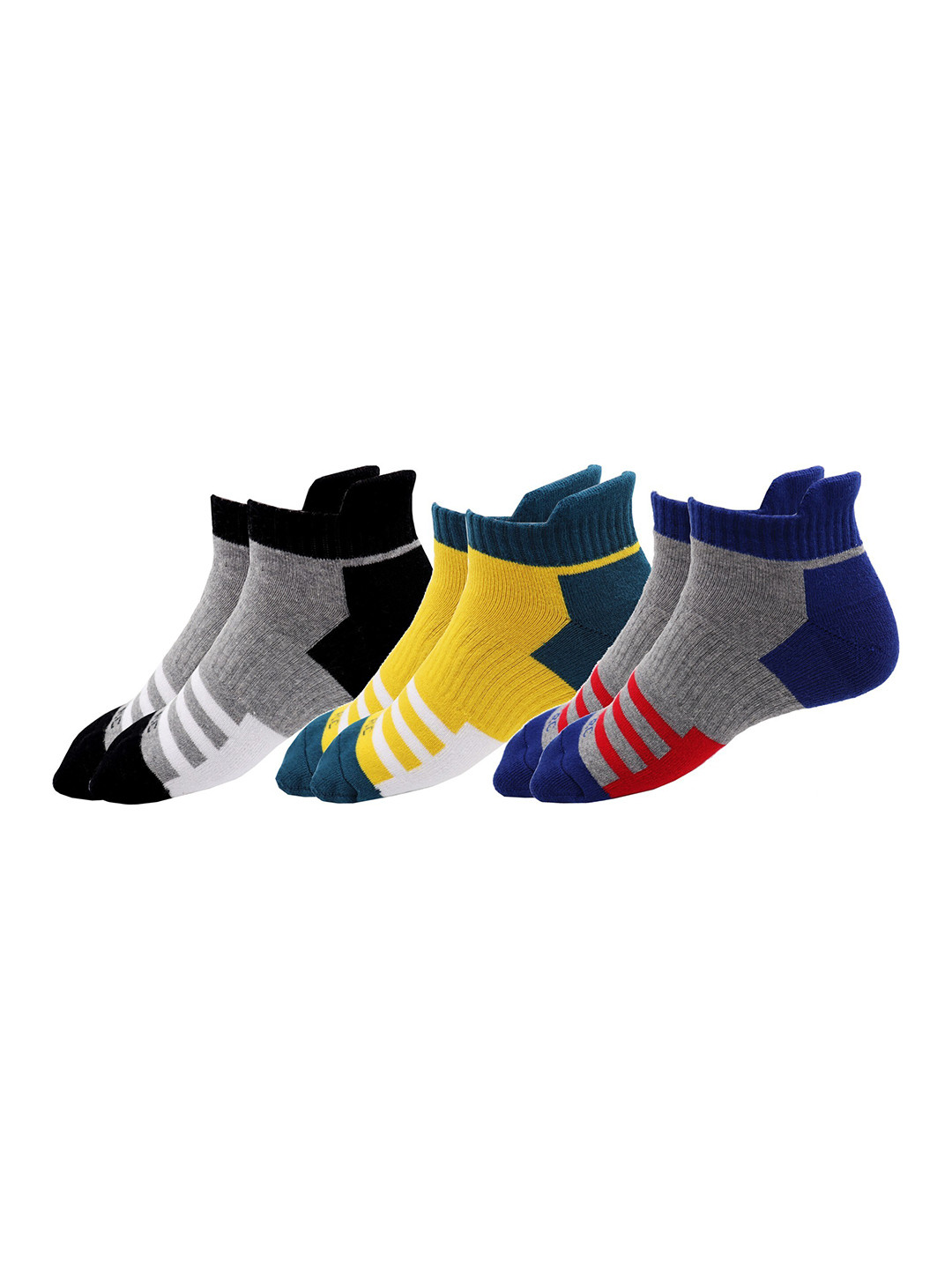 

RC. ROYAL CLASS Men Pack Of 3 Yellow & Grey Patterned Cotton Ankle Length Socks
