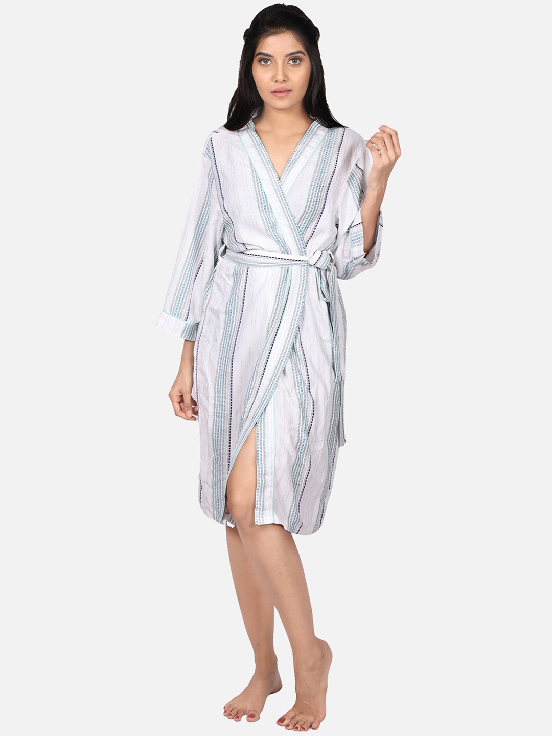 

BStories Women White & Striped Cotton Bath Robe