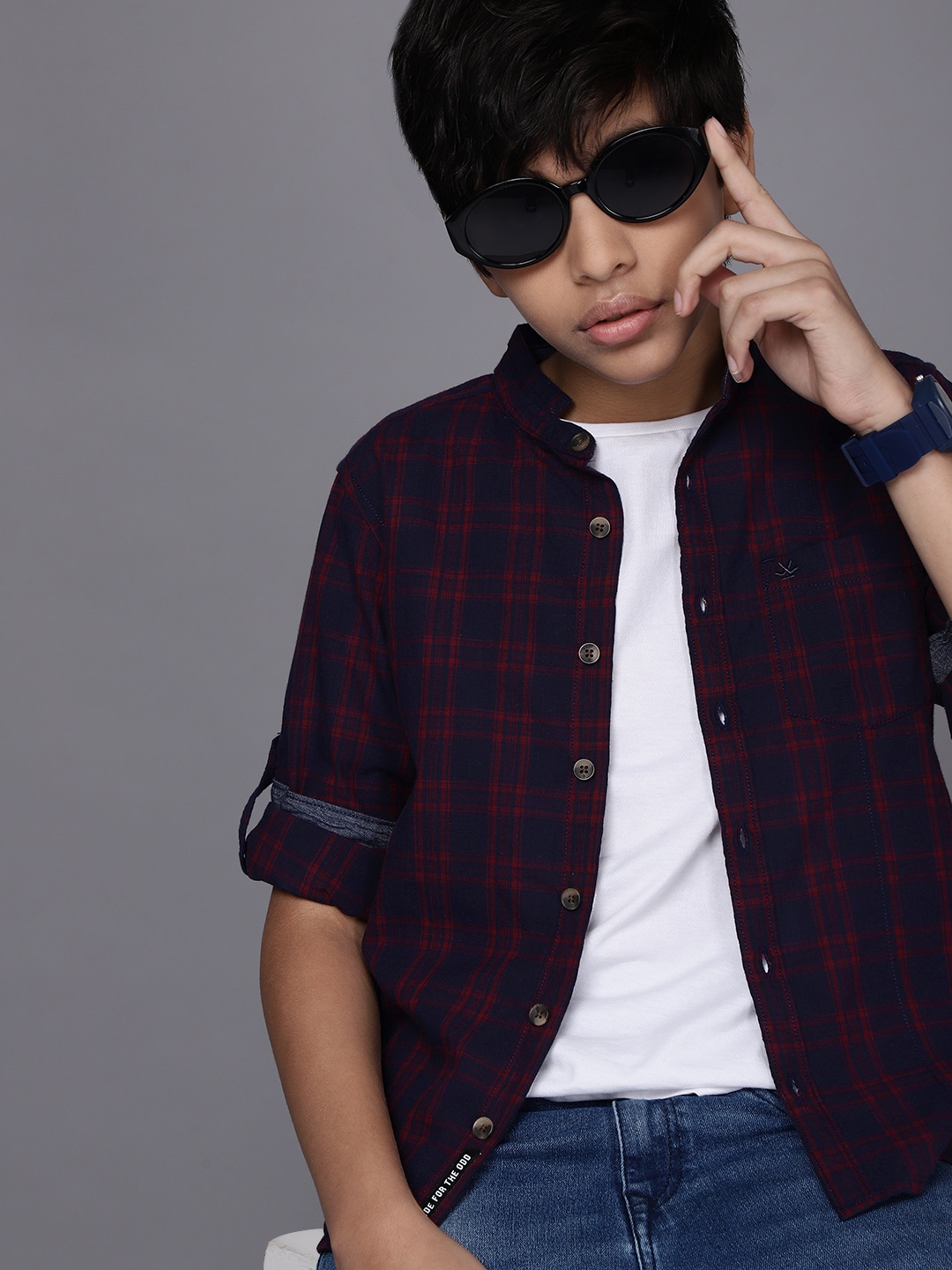 

WROGN YOUTH Boys Navy Blue & Red Checked Pure Cotton Casual Shirt