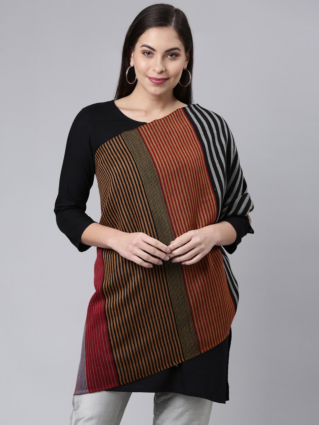 

Pashmoda Women Black & Brown Striped Pure Wool Shawl