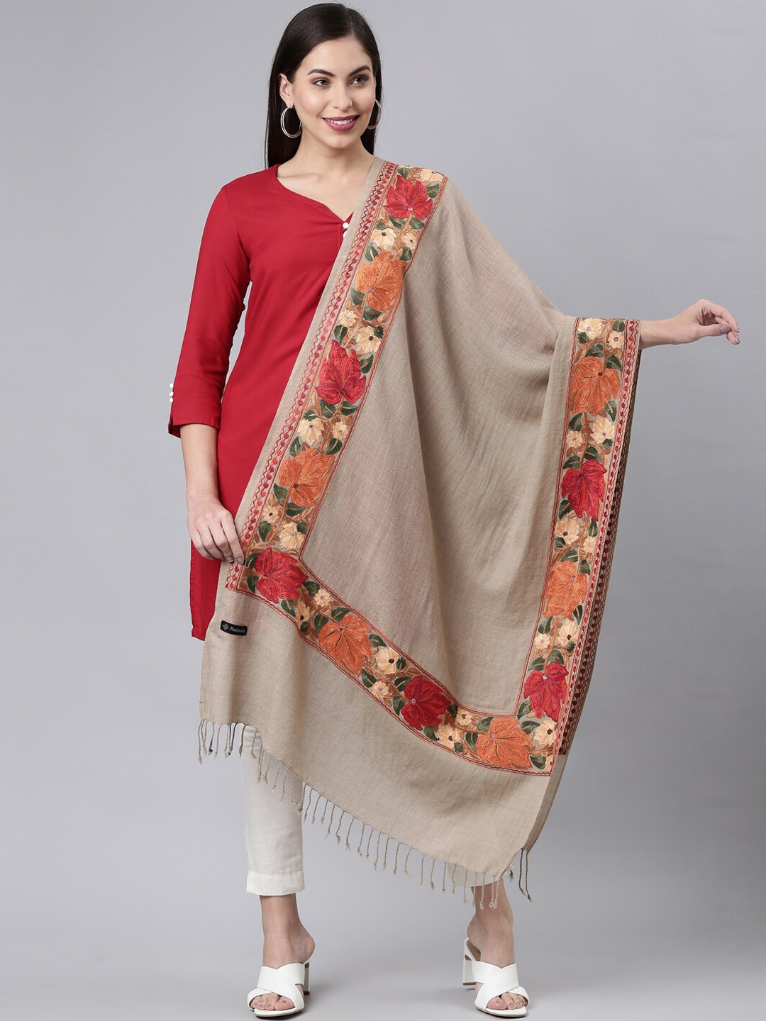 

Pashmoda Women Beige Embroidered Pure Wool Shawl