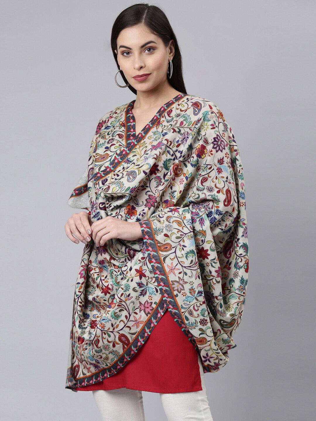 

Pashmoda Women White Embroidered Pure Wool Shawl