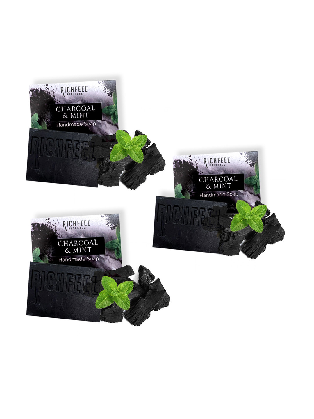 

Richfeel Set Of 3 Cruelty-Free Charcoal & Mint Handmade Soap - 100g Each, Black