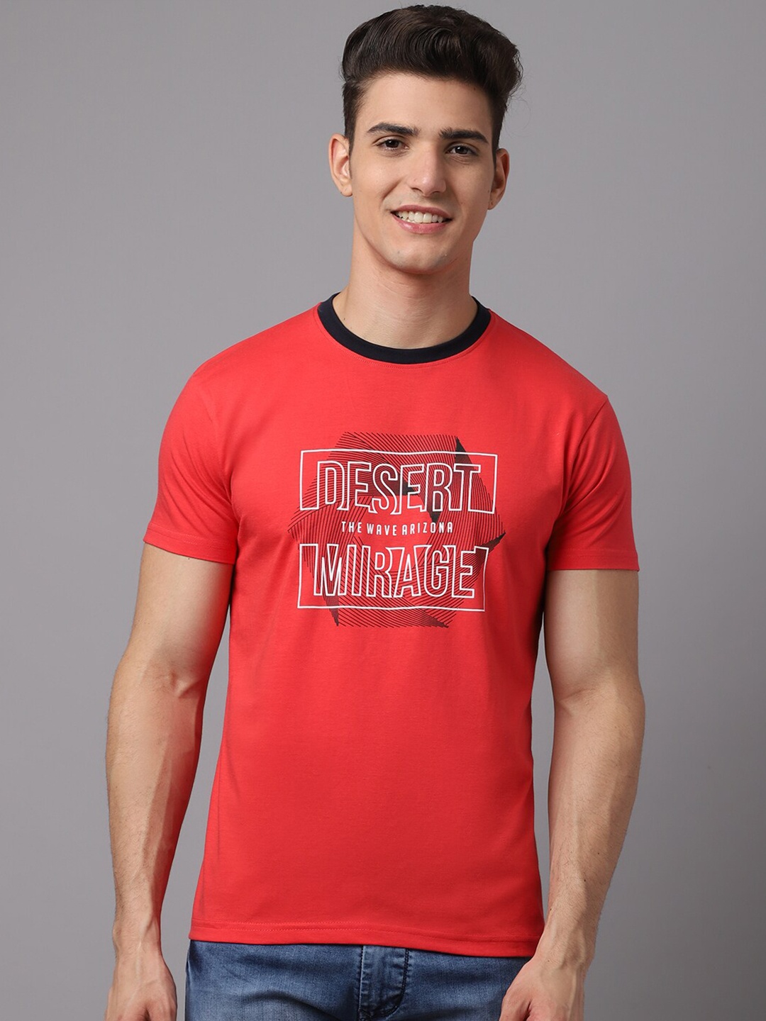 Rodamo Men Red Typography Printed Slim Fit T-shirt