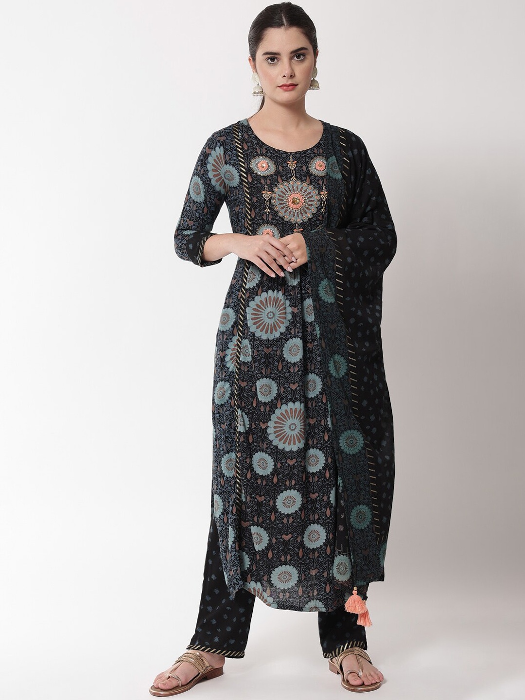 

Nehamta Women Black Ethnic Motifs Printed Kurta with Trousers & With Dupatta